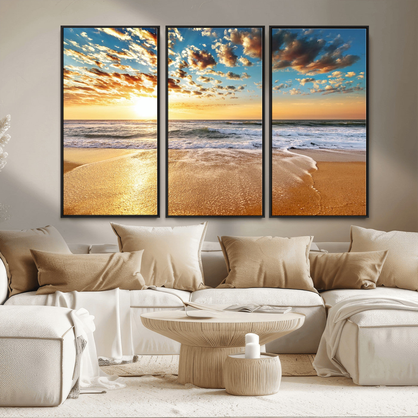 MGV-FC-48X32-3P - Golden Sunset Beach Print Canvas Wall Art, Giclee Canvas Print with Canon Print Quality, Triptych