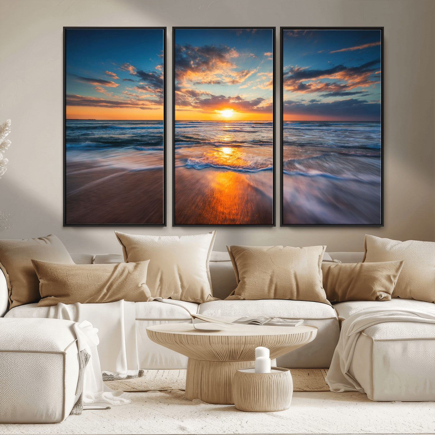 MGV-FC-48X32-3P - Sunset on the Ocean Beach with Waves, Reflections on Sand, Coastal Wall Art Print, Beach Wall Art,