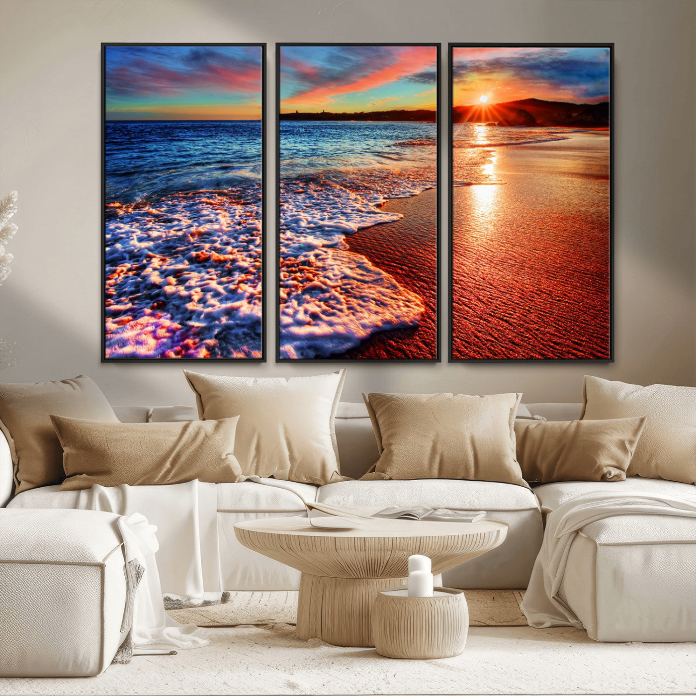 MGV-FC-48X32-3P - Colorful Coastal Sunset on the Beach Canvas Print, Ocean Waves Crashing at Dusk, Multi-Panel Seascape Vibrant Coastal Wall Art Canvas Print