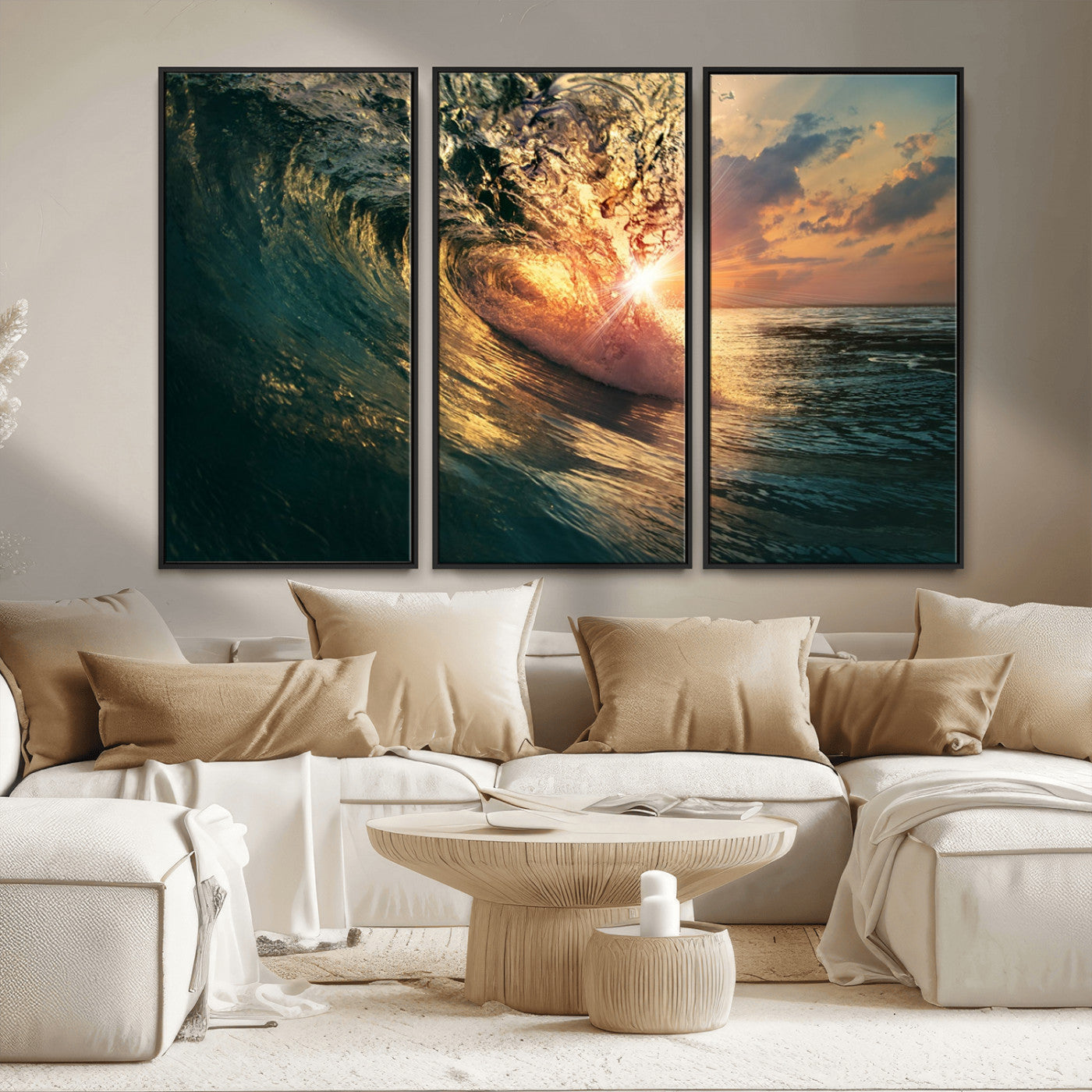 MGV-FC-48X32-3P - Ocean Wave Sunset Canvas Wall Art – Triptych Seascape Print – Framed and Ready to Hang for Living Room or Office