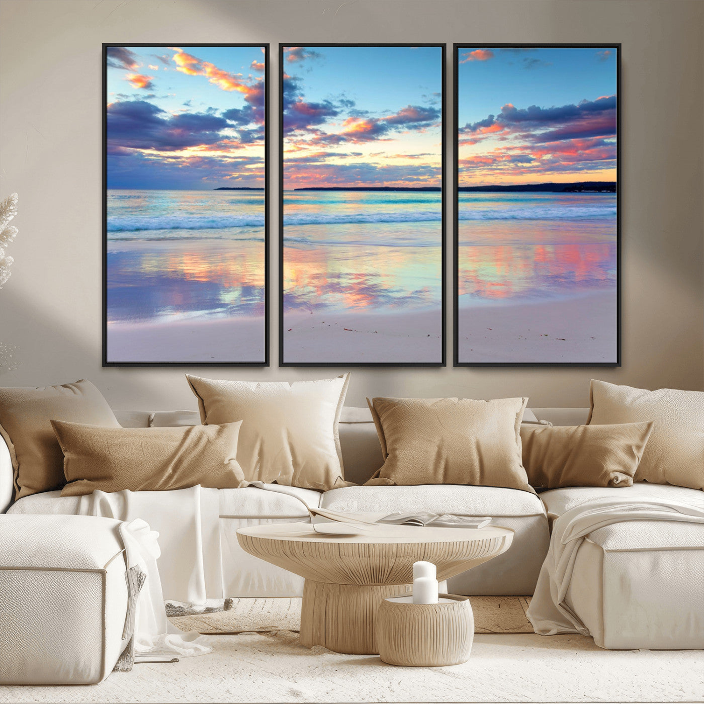 MGV-FC-48X32-3P - Tranquil Pastel Sunset Beach Triptych Canvas Art, Soothing Coastal Ocean Shoreline Giclee Print, Beach Reflections Wall Decor for Serene Spaces