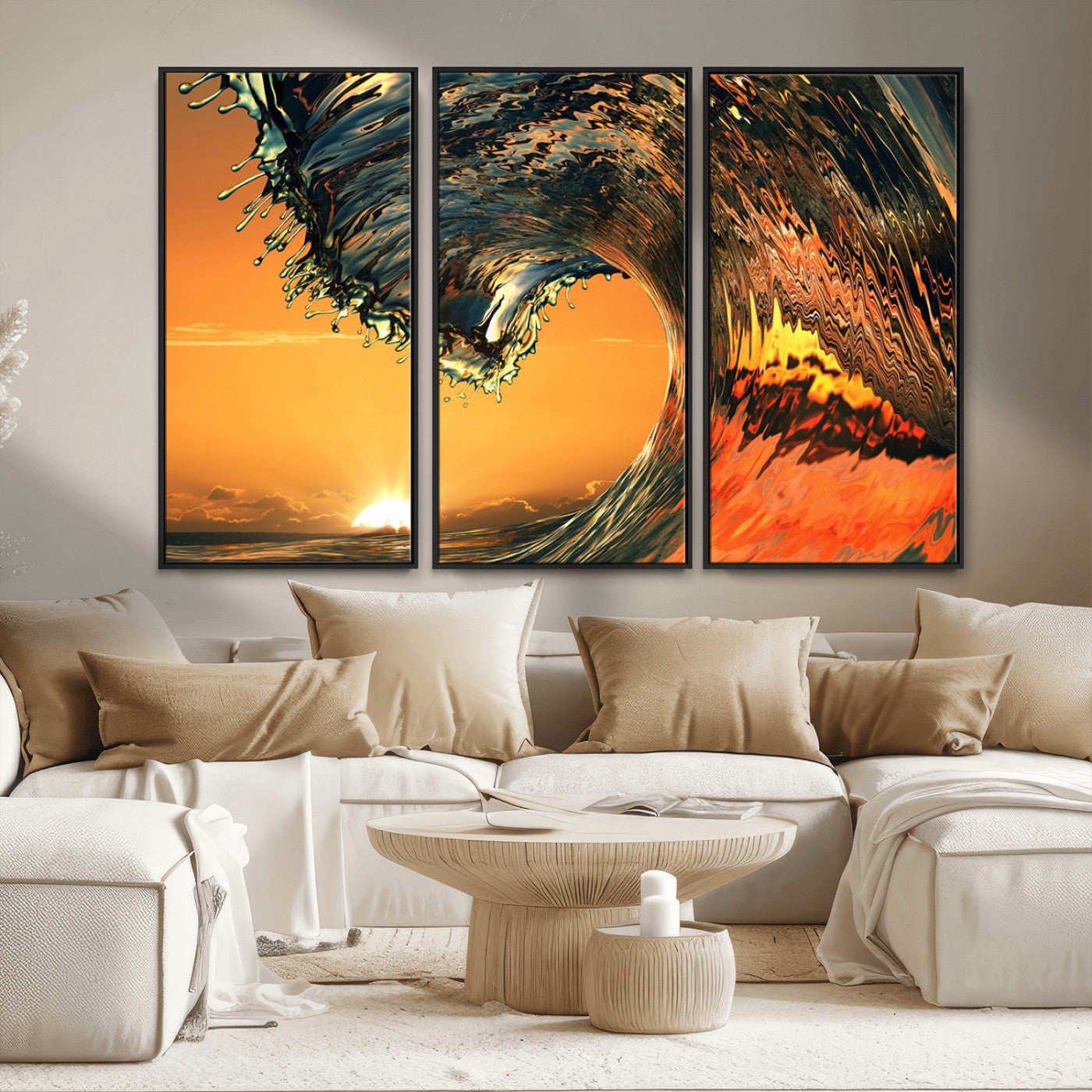 96977-MGV-FC-48X32-3P_Black-Surf Wave Sunset Canvas Wall Art Print, 3-Panel Ocean Coastal Wall Art Print, Ocean Decor for