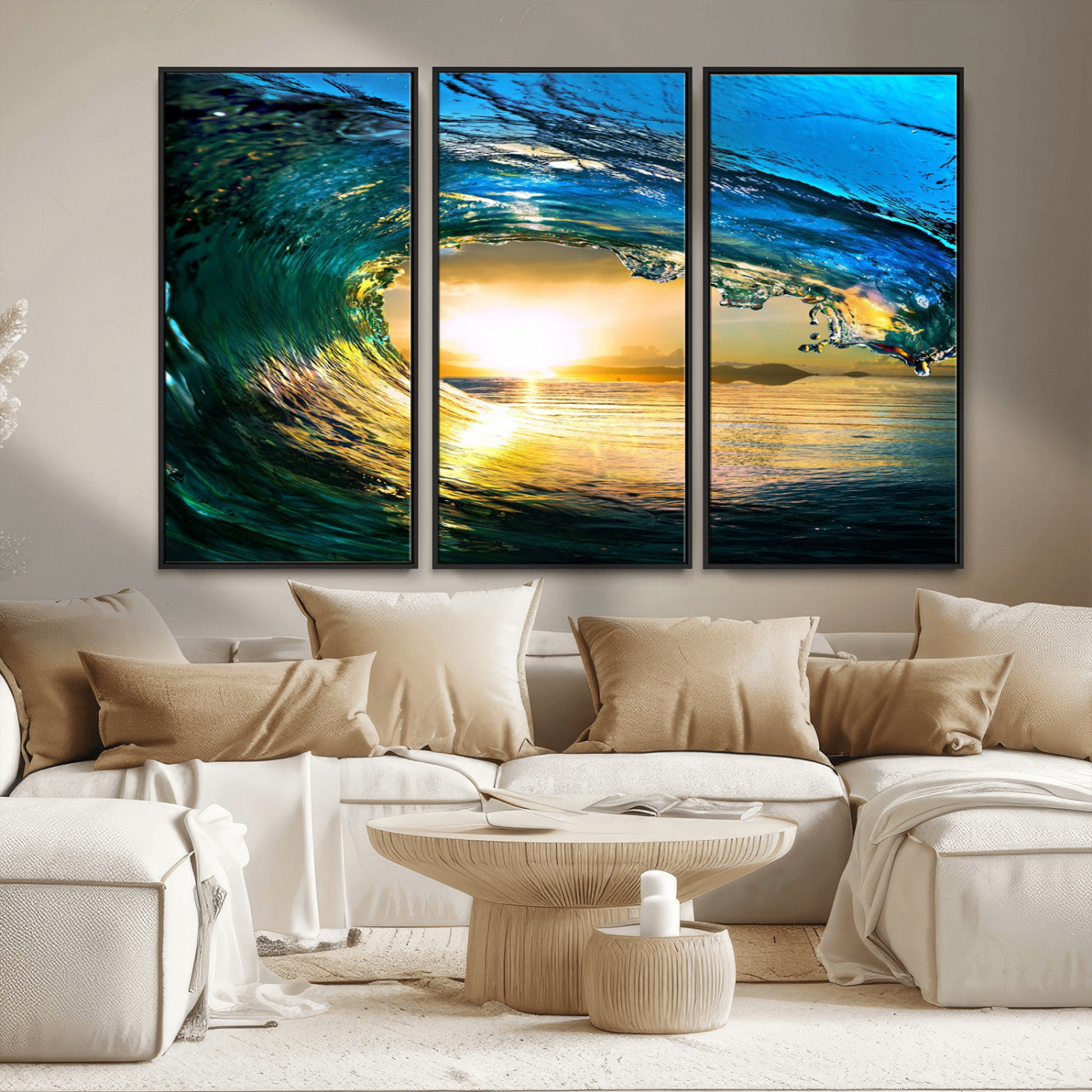 MGV-FC-48X32-3P - Ocean Wave at Sunset Canvas Art, Large Wall Print of Vibrant Water Waves, Coastal Art for Living Room and Dining Room