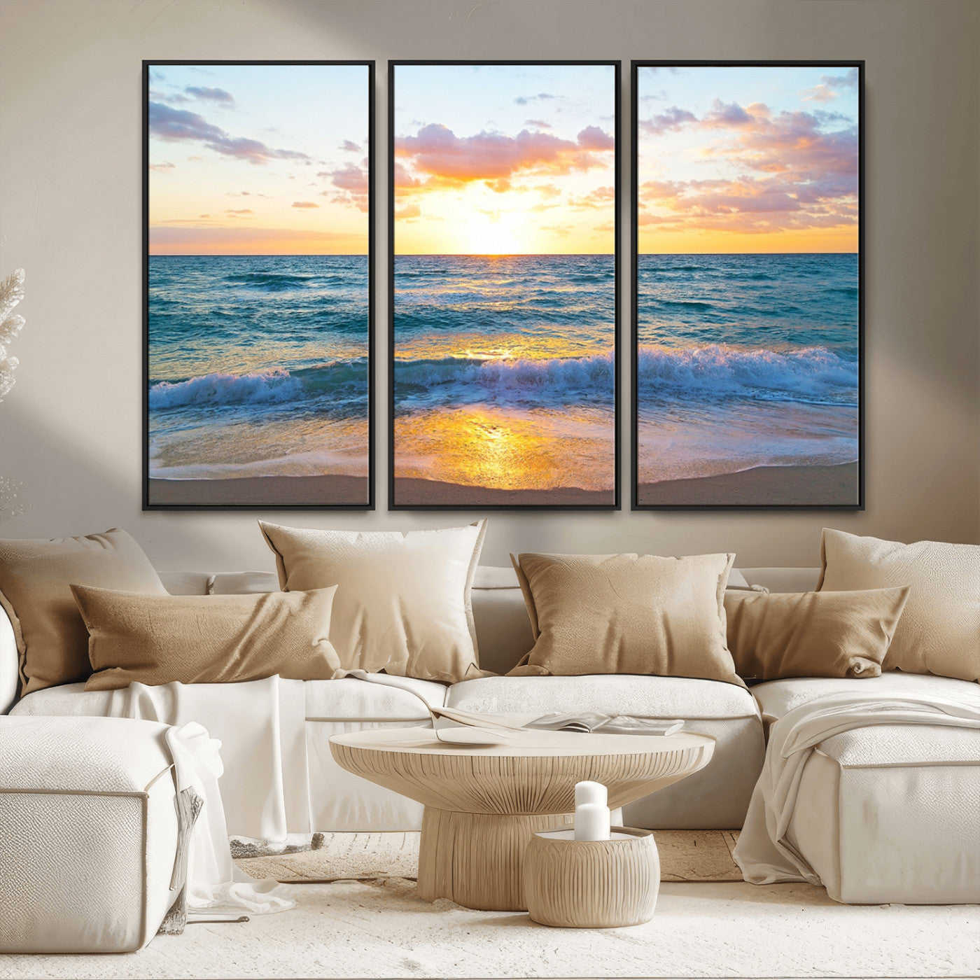MGV-FC-48X32-3P - Ocean Sunset Triptych Canvas Wall Art, Giclee Beach Sunset Print with Gentle Waves, Coastal Art for Relaxation Spaces