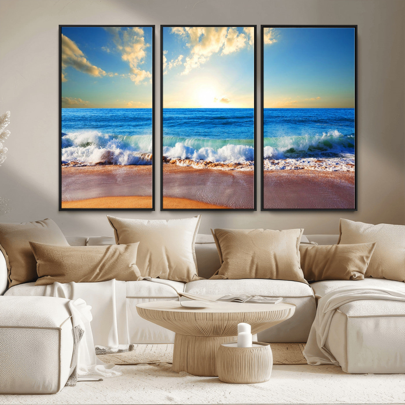 MGV-FC-48X32-3P - Tropical Beach Sunset Canvas Art, Ocean Waves and Sandy Shoreline Wall Art, Large Beach Decor for Coastal Homes
