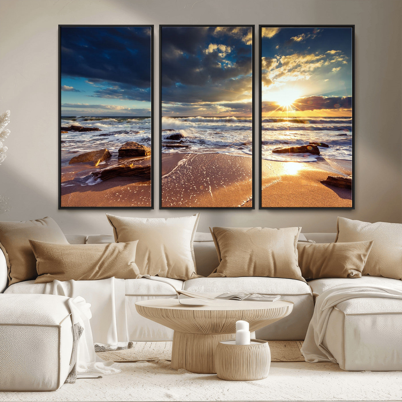 MGV-FC-48X32-3P - Golden Hour Beach Sunset Canvas Triptych, Ocean Waves and Rocks Wall Art for Coastal Home Decor