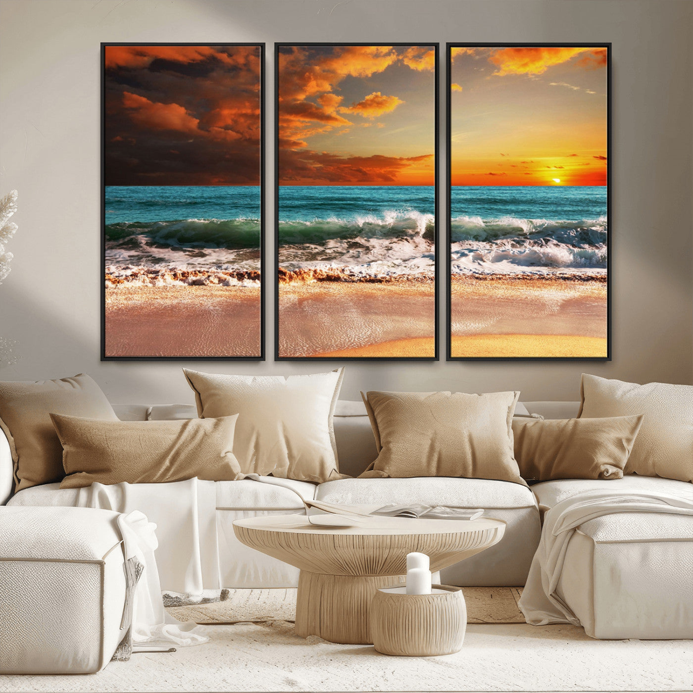 MGV-FC-48X32-3P - Golden Sunset Beach Canvas Wall Art – Triptych Seascape Print – Framed and Ready to Hang for Living Room or Office