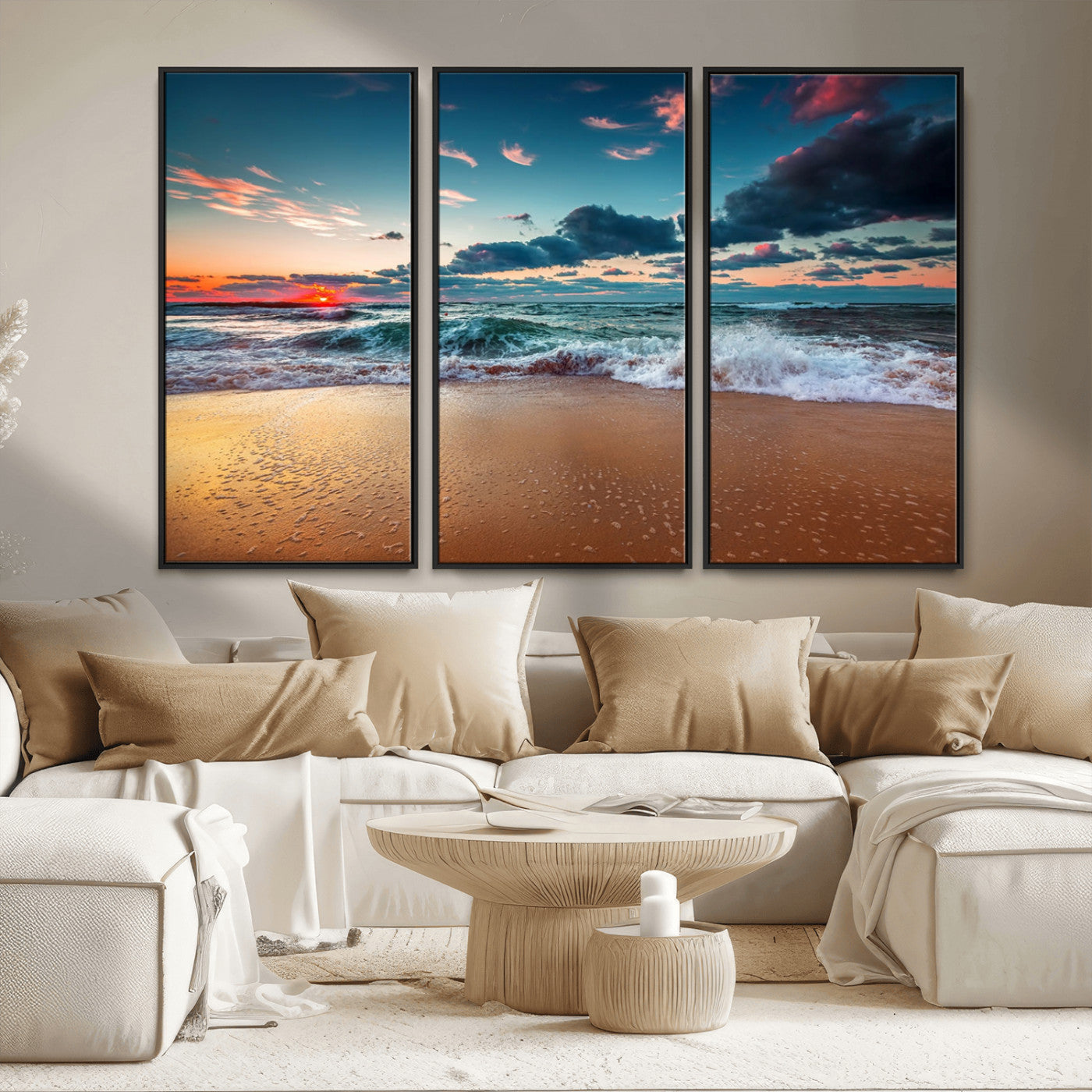 MGV-FC-48X32-3P - Sunset on Beach Wall Art Ocean Beach Canvas Print