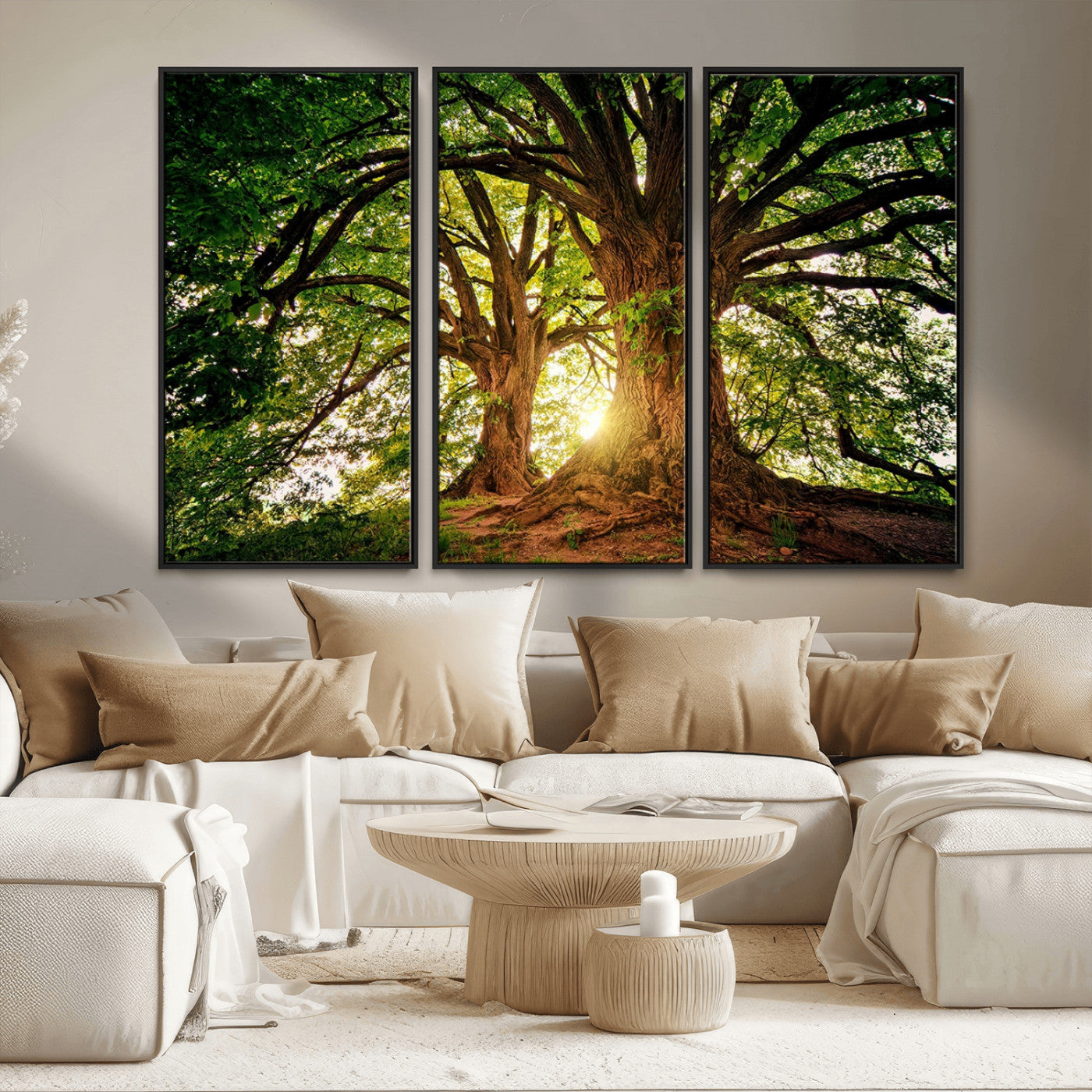 MGV-FC-48X32-3P - Majestic Ancient Tree Wall Art, Nature-Inspired Canvas Print, Woodland Art, Tree of Life Artwork, Sunlit Forest, Giclee Nature Print