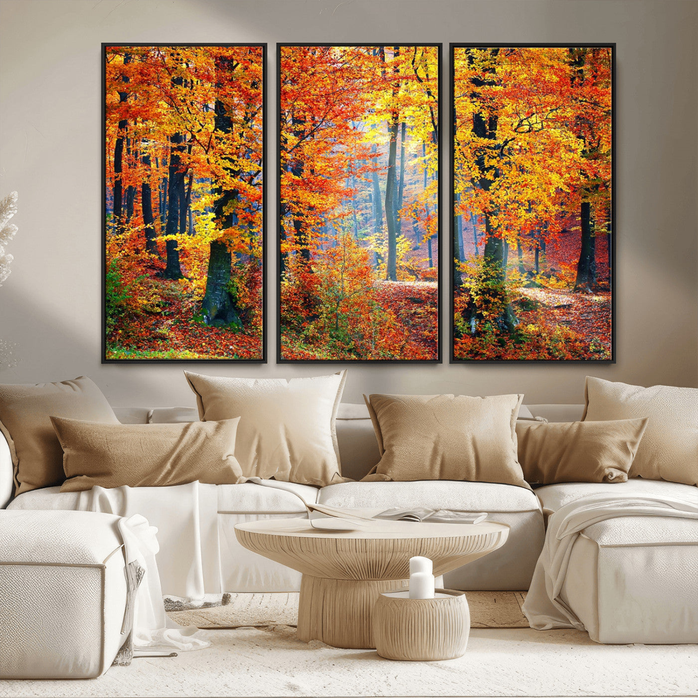 MGV-FC-48X32-3P - Autumn Red Forest Triptych Canvas Wall Art Print, Forest Wall Decor, Fall Landscape Art | Season Nature Landscape for Home or Office