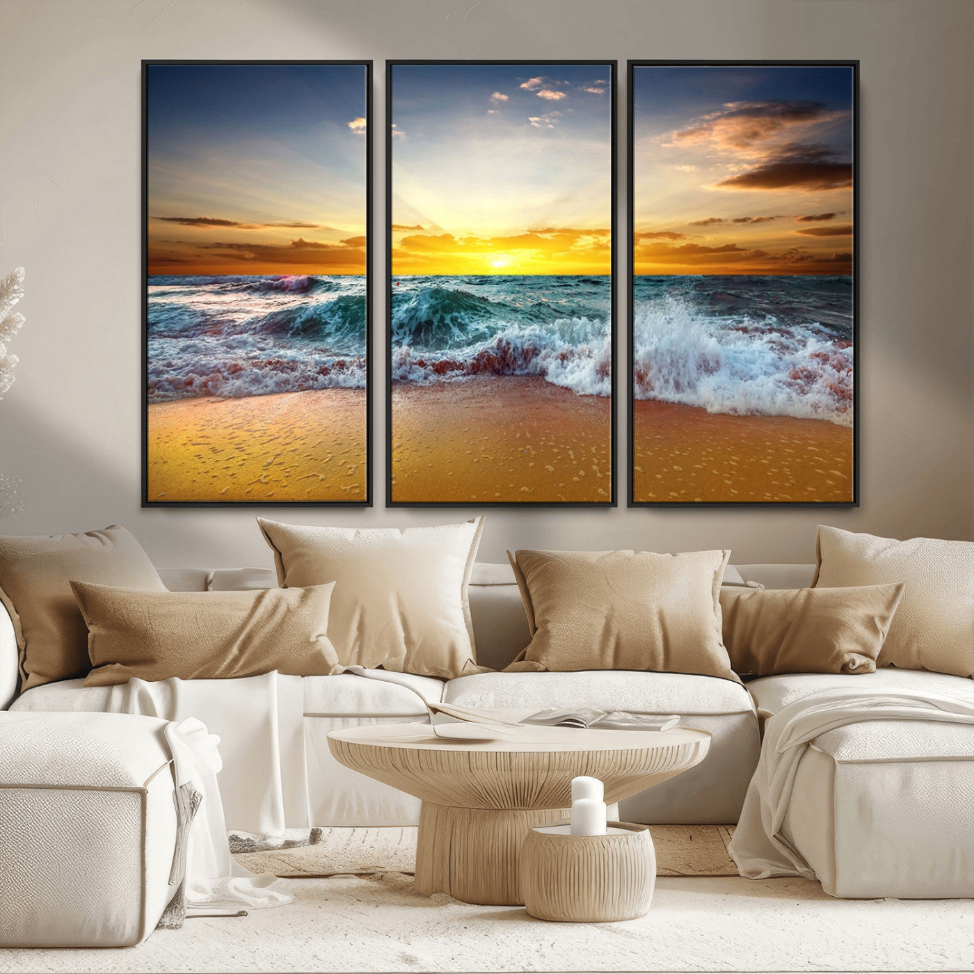 MGV-FC-48X32-3P - Golden Sunset Ocean Waves Wall Art Canvas Print – Multi Panel Beach Canvas Print Set – Large Coastal Triptych Print for Home or Farmhouse Decor