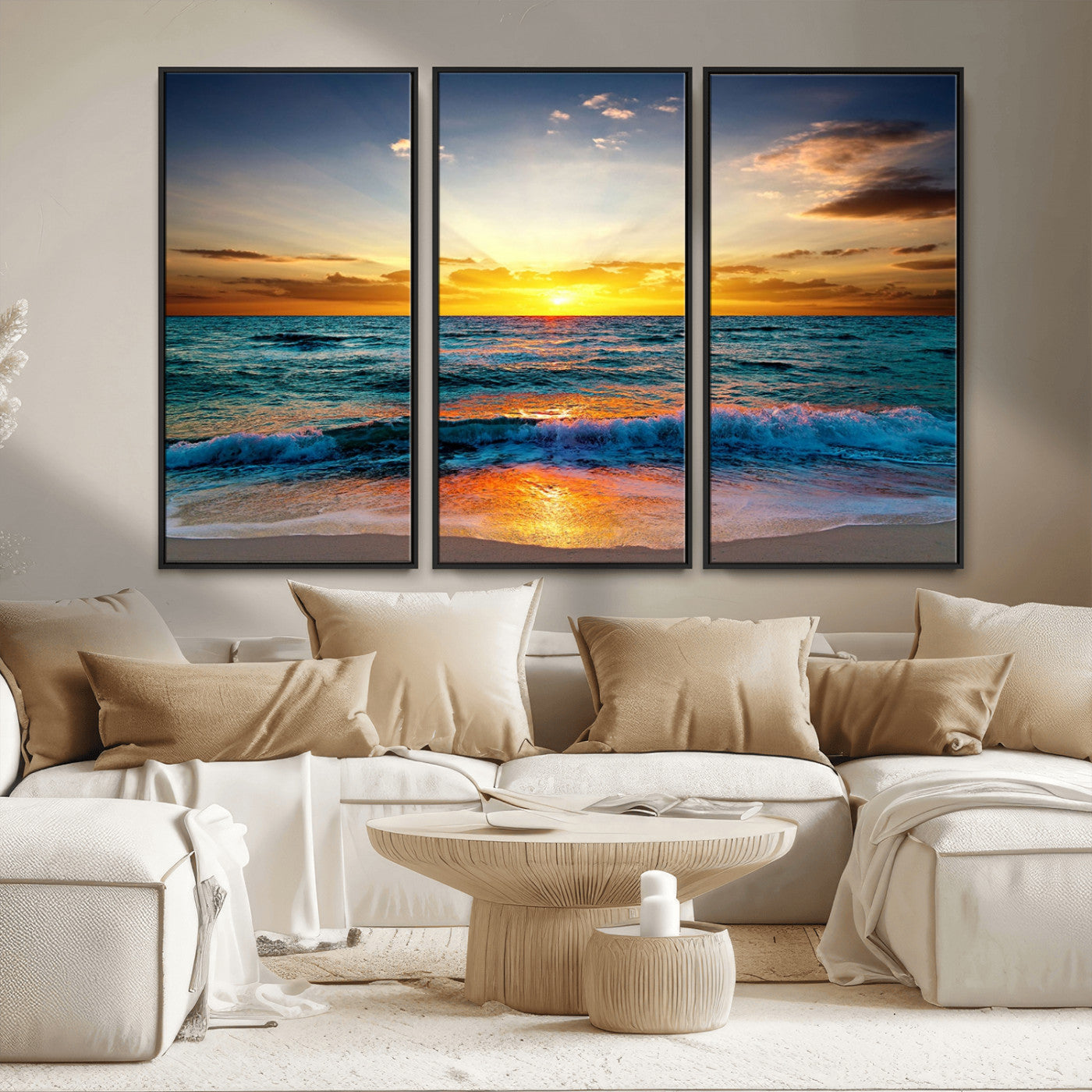 MGV-FC-48X32-3P - Vibrant Ocean Sunrise Over Golden Beach Waves, Giclee Canvas Wall Art Set, High-Quality Stretched Canvas Print, Ready to Hang Coastal Sunset Wall