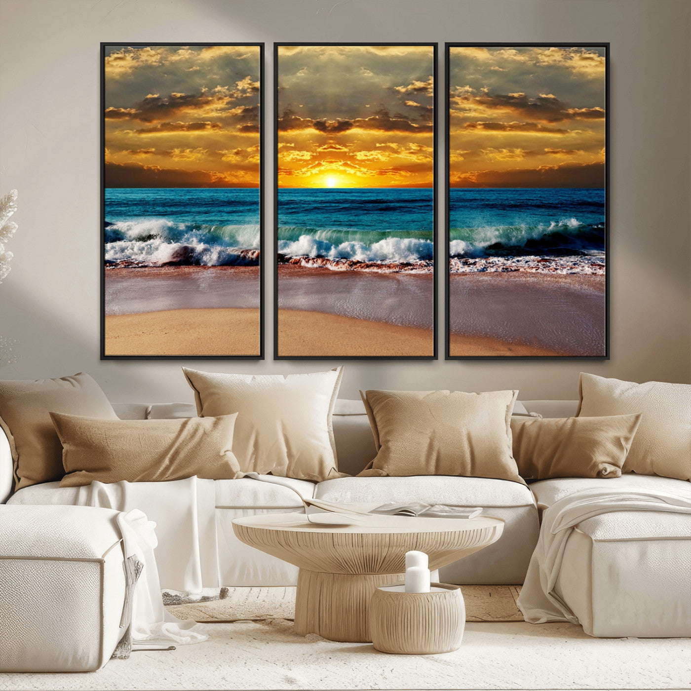 MGV-FC-48X32-3P - Ocean Sunrise Over Golden Beach Waves, Giclee Canvas Wall Art Set, High-Quality Stretched Canvas Print, Ready to Hang Coastal Sunset Wall Decor