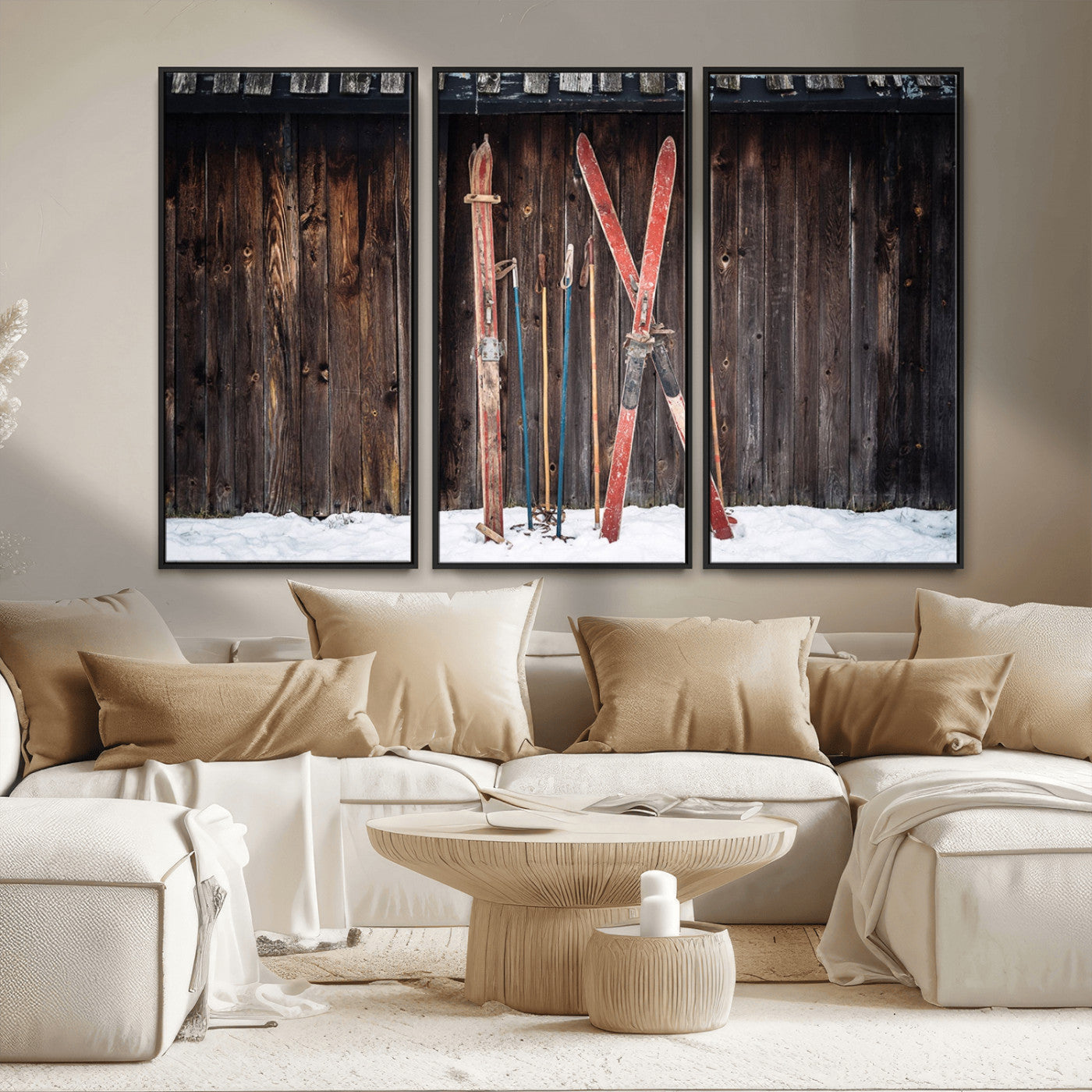 MGV-FC-48X32-3P - Vintage Ski Gear Against Wooden Cabin Wall, Rustic Winter Sports Equipment Canvas Print, Ready to Hang Wall Art, Perfect for Lodge or Ski Cabin Decor