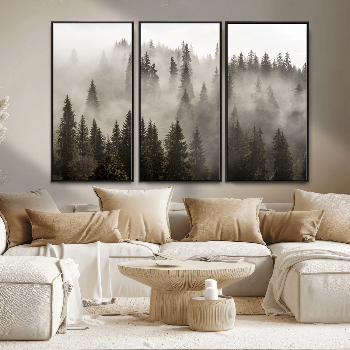 MGV-FC-48X32-3P - Foggy Mountain Wall Art | 3-Panel Foggy Forest and Mountain Landscape | Large Giclee Print for