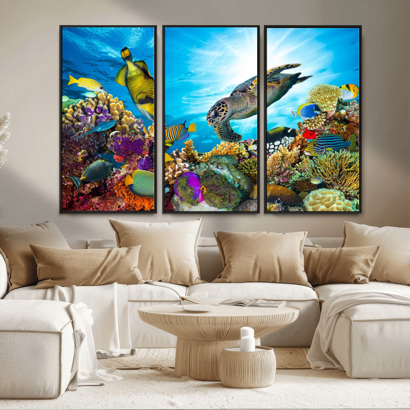 MGV-FC-48X32-3P - Sea Turtle Coral Reef Wall Art Print – Colorful Underwater Canvas Print – Tropical Ocean Marine Life Artwork – Perfect for Coastal Home Decor