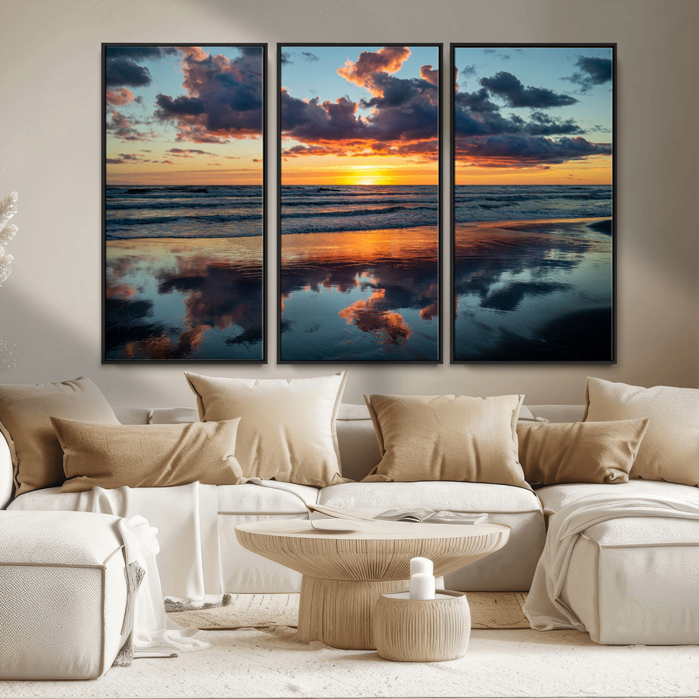 MGV-FC-48X32-3P - Beach Sunset Print - Stunning Ocean Canvas Artwork with Sunset Reflection Design for Elegant Home or