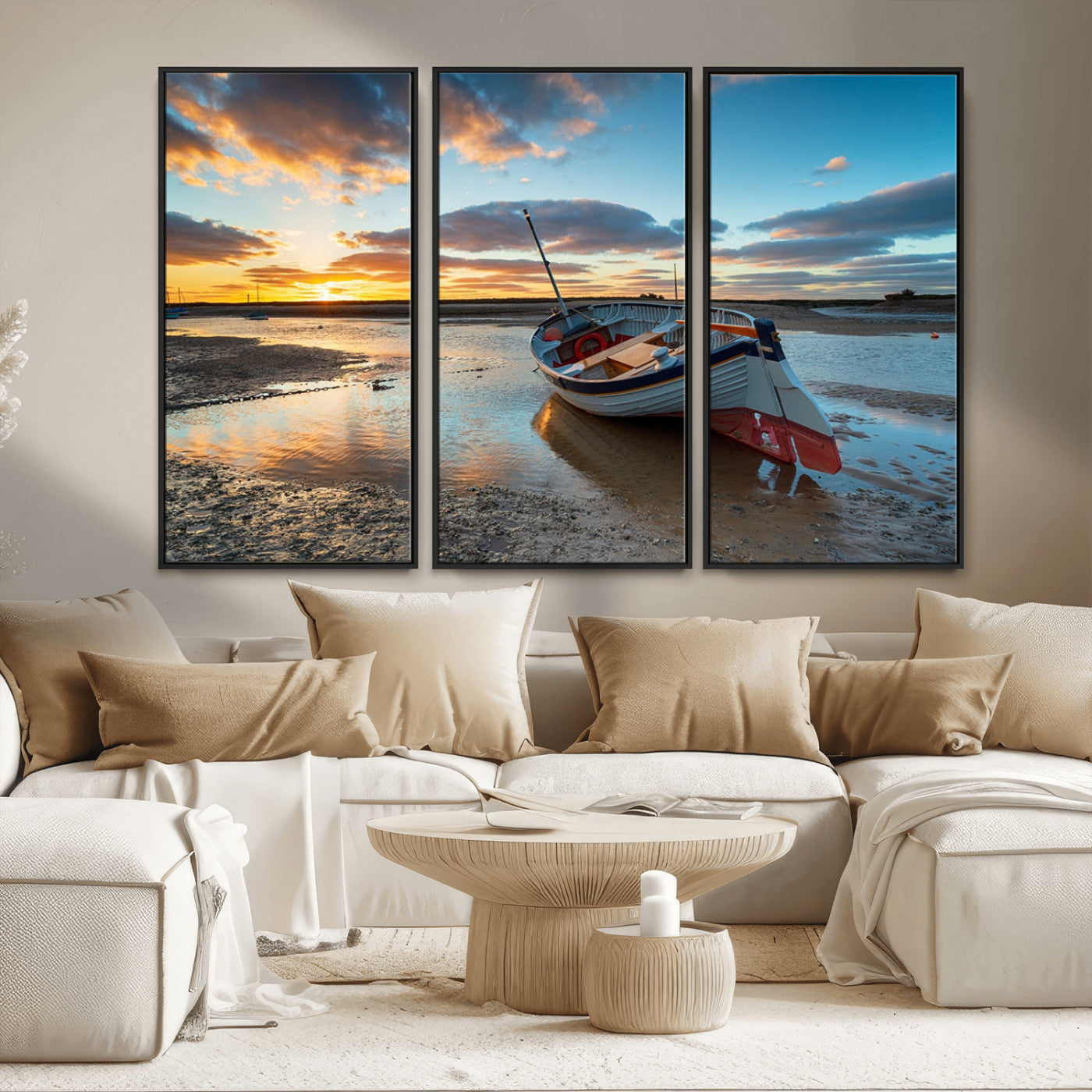 MGV-FC-48X32-3P - Small Boat At The Beach Sunset Wall Art, Boat Sunset Wall Art Canvas Print