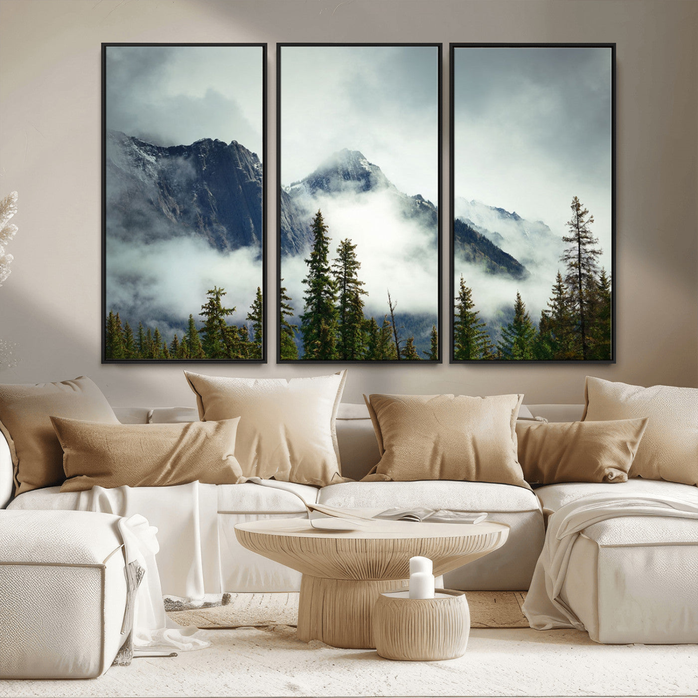 MGV-FC-48X32-3P - Mountain Mist Canvas Wall Art | 3-Panel Foggy Forest and Mountain Landscape | Large Giclee Print for Living Room, Office, or Cabin, Farmhouse Decor