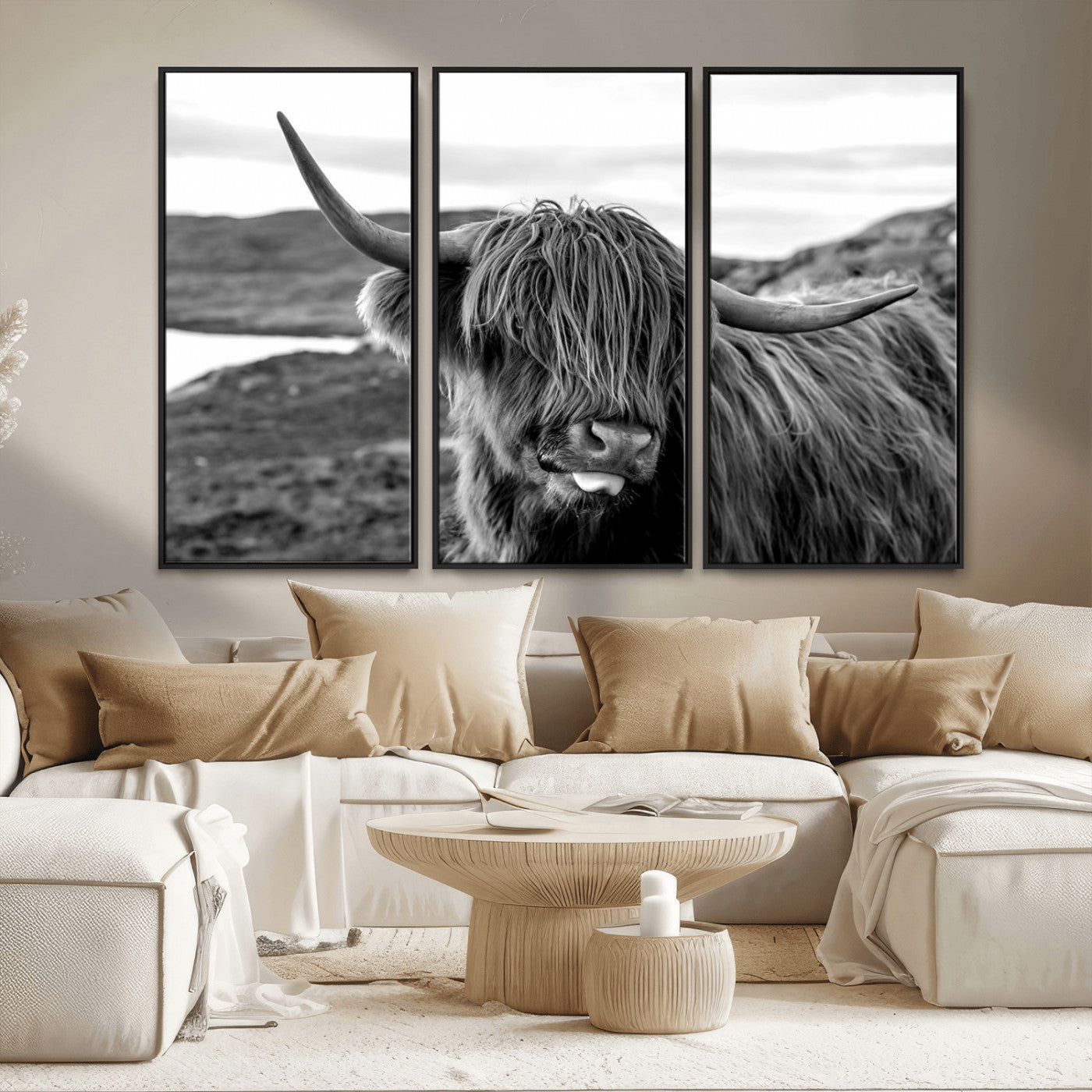 MGV-FC-48X32-3P - Highland Cow Canvas Wall Art – Black and White Animal Portrait – Framed and Ready to Hang Rustic Farmhouse Decor for Living Room or Office
