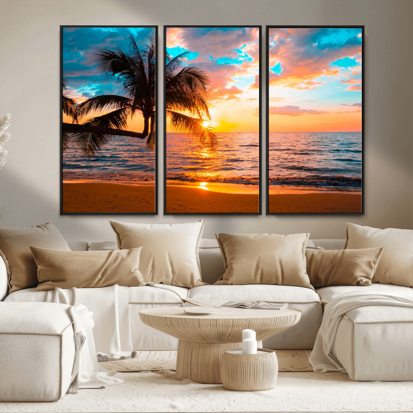 34674-MGV-FC-48X32-3P_Black-Palm Tree Sunset On The Beach Wall Art Canvas, Framed Palm Tree Sunset Canvas Print