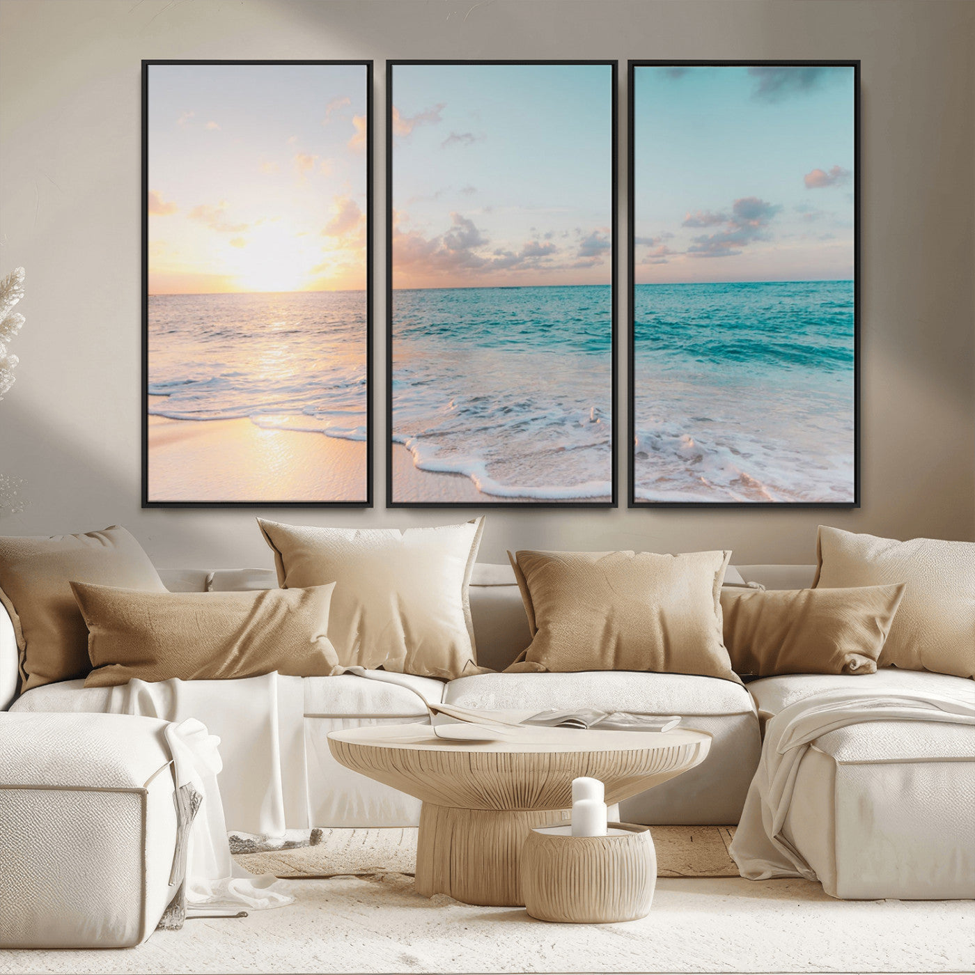 MGV-FC-48X32-3P - Tranquil Ocean Beach Sunset Canvas Wall Art | 3-Panel Coastal Decor