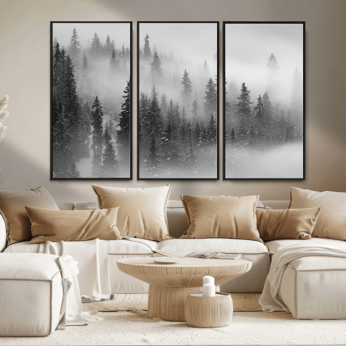 MGV-FC-48X32-3P - Black and White Forest Wall Art Print – Misty Pine Tree Canvas Print – Winter Woodland Nature Artwork – Perfect for Minimalist Home Decor