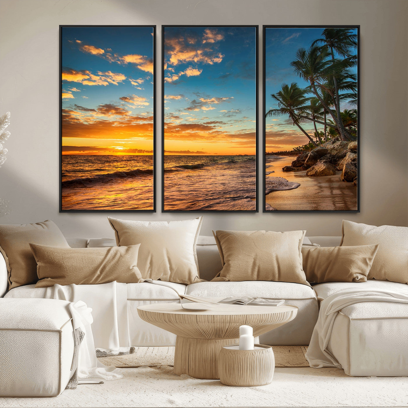 MGV-FC-48X32-3P - Tropical Beach Sunset Wall Art Print – Palm Tree Coastal Canvas Print – Ocean Seascape Artwork – Perfect for Tropical Modern Home Decor