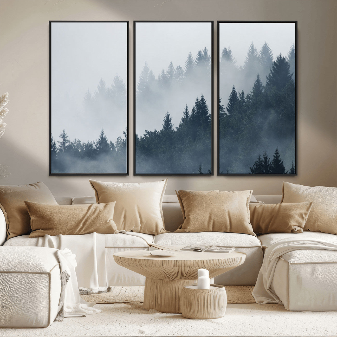 MGV-FC-48X32-3P - Misty Forest Wall Art Print – Foggy Pine Tree Canvas Print – Dark Woodland Nature Artwork – Perfect for Minimalist and Modern Home Decor