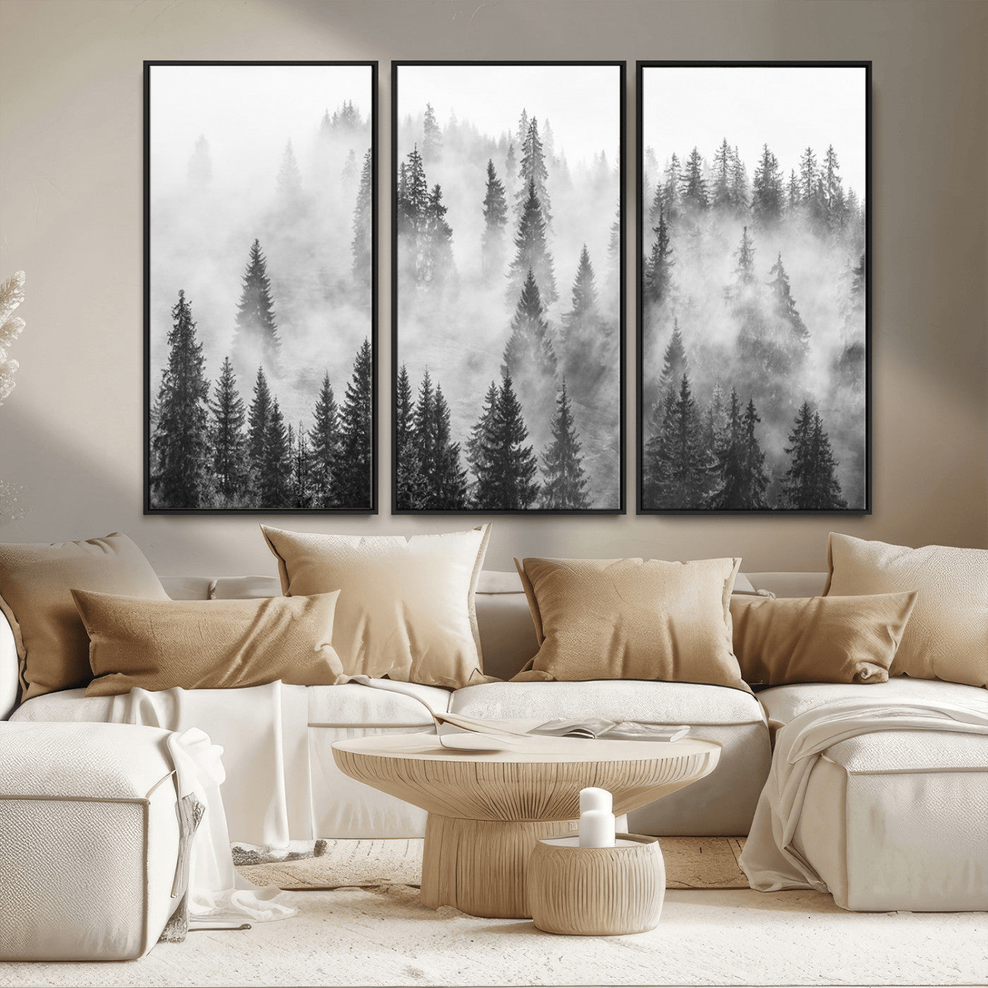 MGV-FC-48X32-3P - Forest Wall Art Print | Foggy Pine Forest Canvas Wall Art - Black and White Nature Decor for Living
