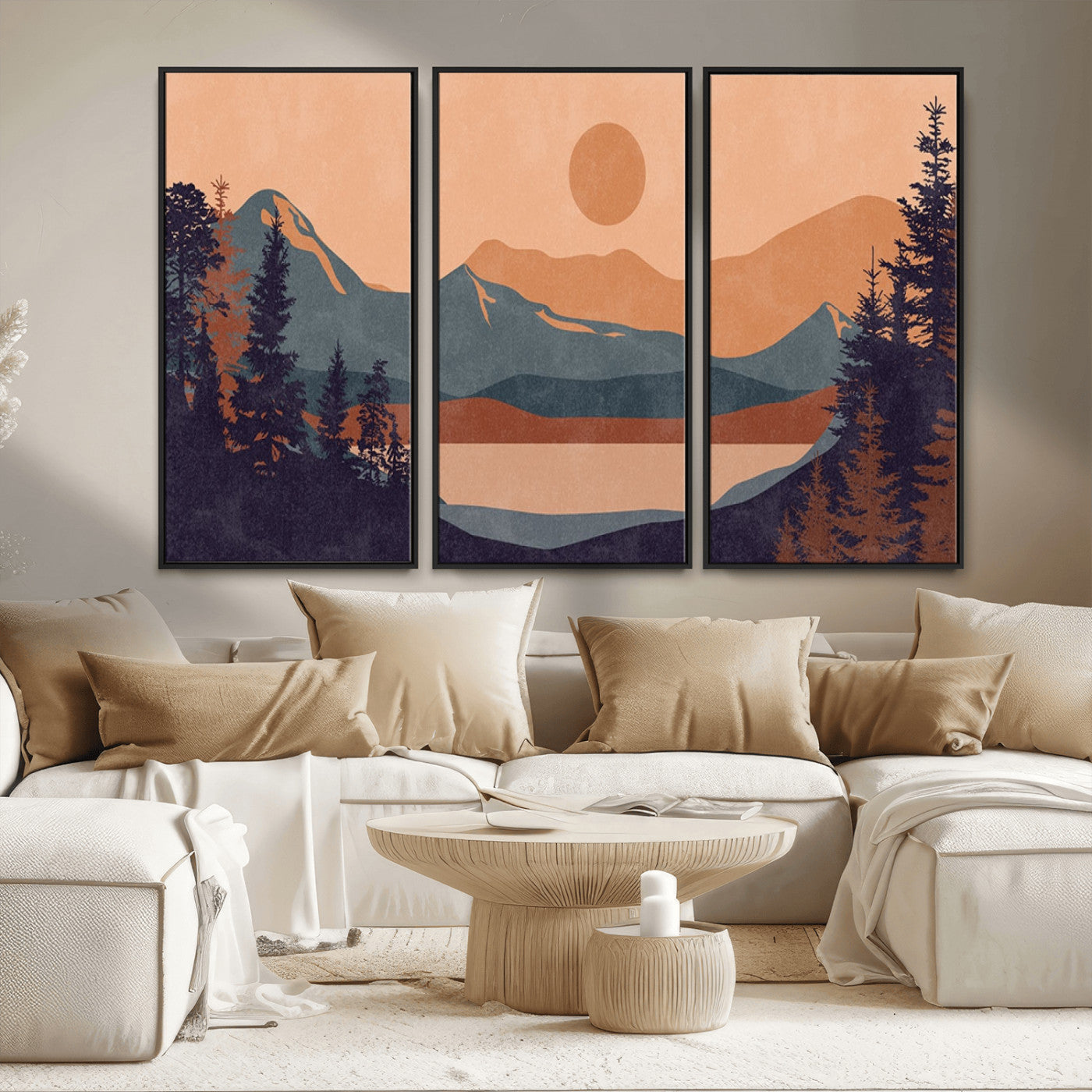 MGV-FC-48X32-3P - Modern Boho Sunset Canvas Print, Mountain Landscape Triptych – Giclée Canvas Art Print for Living