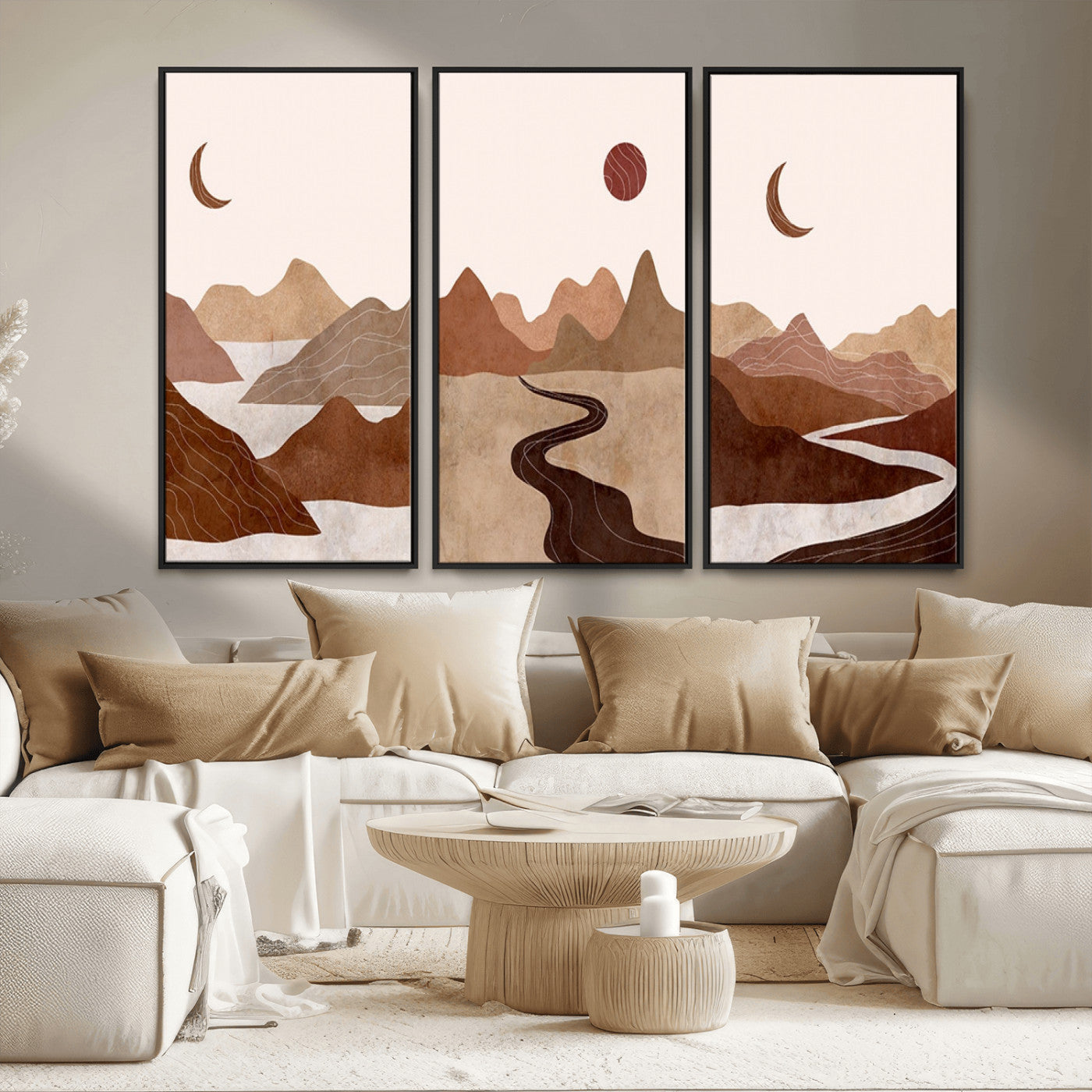 MGV-FC-48X32-3P - Boho Wall Art Canvas Print Set Mid-Century Prints Bohemian Wall Artwork Prints Boho Neutral