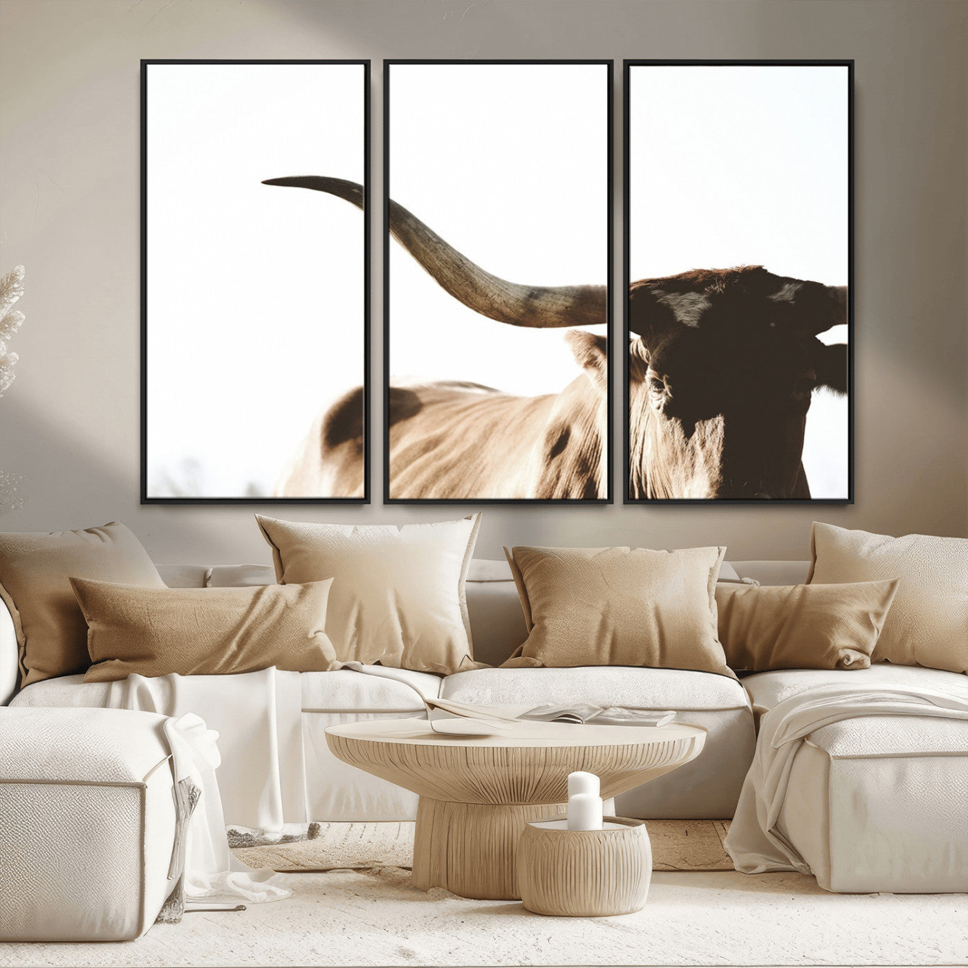 MGV-FC-48X32-3P - Texas Longhorn Wall Art Canvas Print | 3-Panel Large Longhorn Canvas Print for Living Room, Framed Gallery Wrap Office, Rustic Western Cowboy Decor