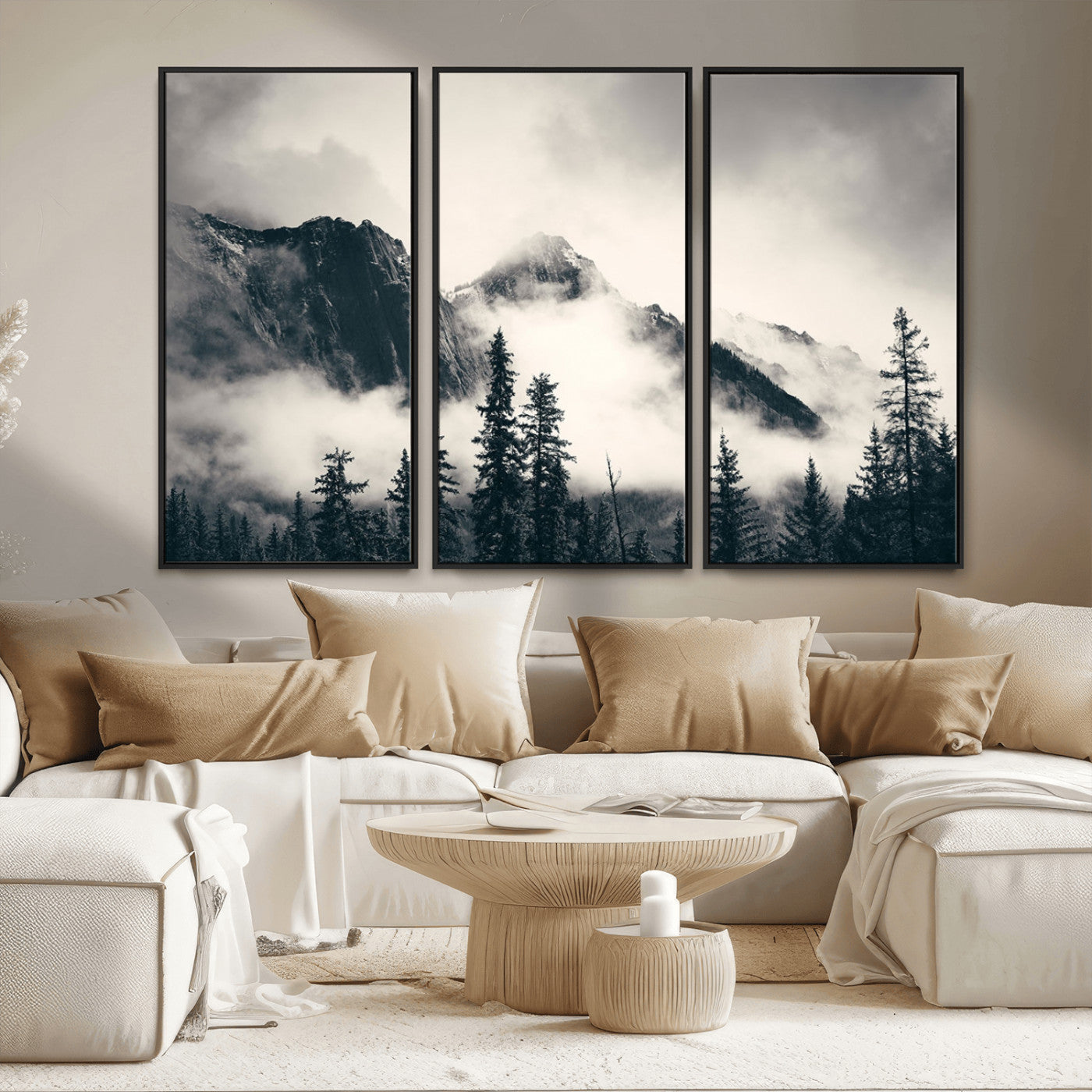 MGV-FC-48X32-3P - Large Foggy Mountain Forest Wall Art Canvas Print | Misty Mountain Peaks and Pine Trees Print | Framed Gallery Wrap | Rustic Nature Farmhouse Decor