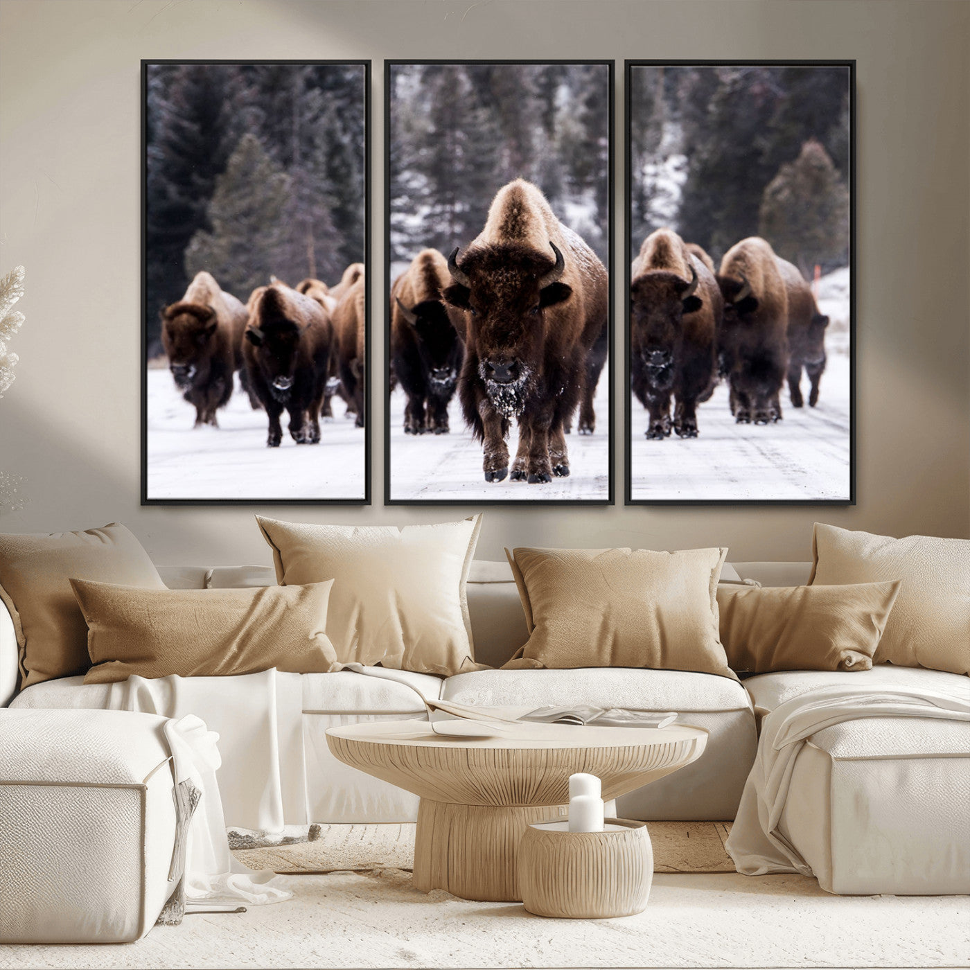 MGV-FC-48X32-3P - Bison Wall Art Canvas Print- Bison Herd Canvas Wall Art – Majestic Wildlife Photography – Framed and Ready to Hang Nature-Inspired Art - Buffalo Wall Art Print