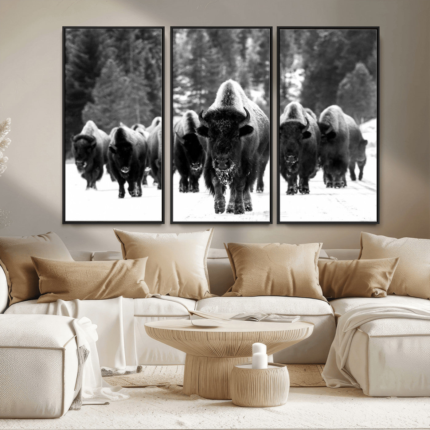 62434-MGV-FC-48X32-3P_Black-Bison Herd in Snow Wall Art Canvas Print | Rustic Western Bison Wall Art for Decor for Living Room,