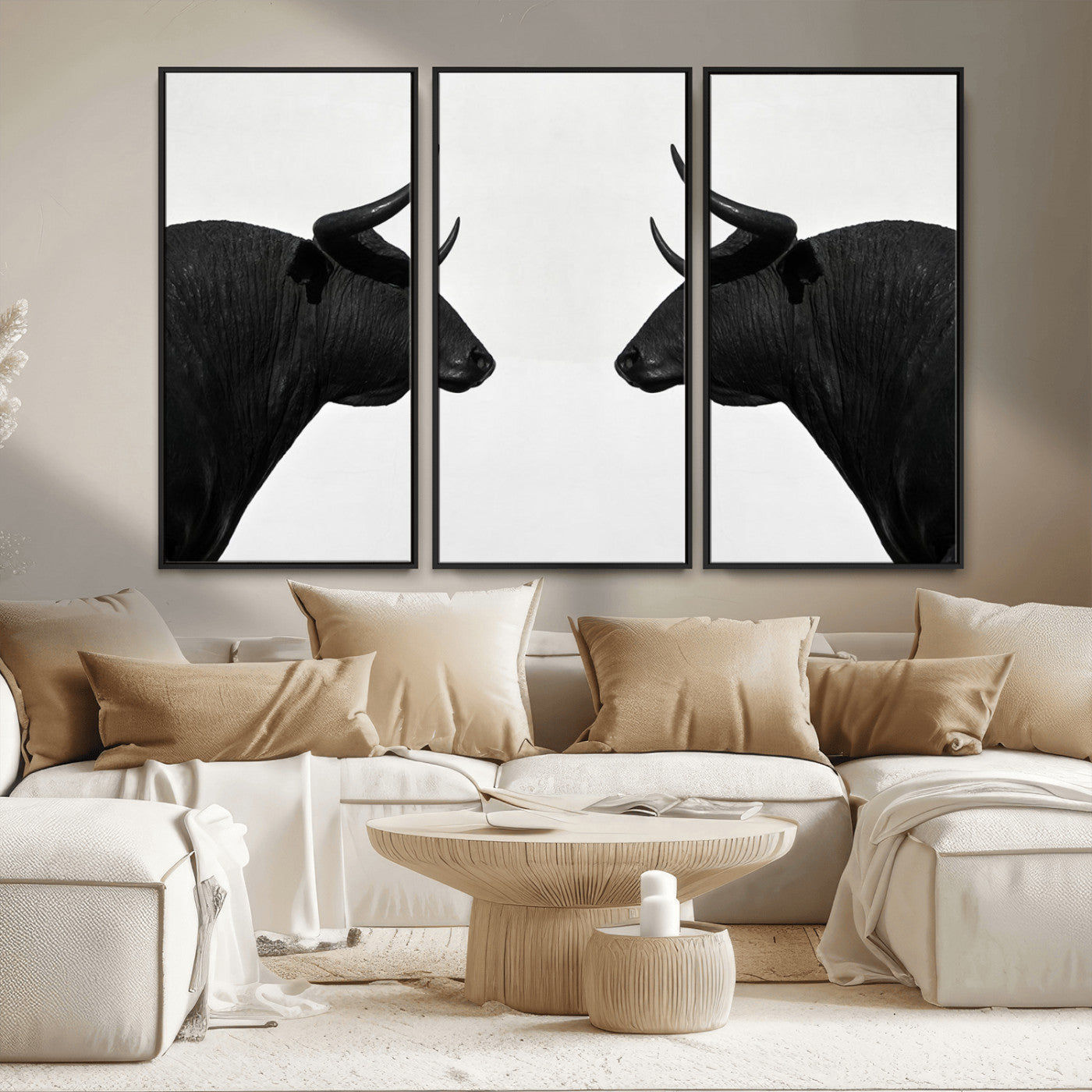 -Spanish Bull Art - Framed Black and White Bull Canvas Print for Modern Rustic Home or Office Decor