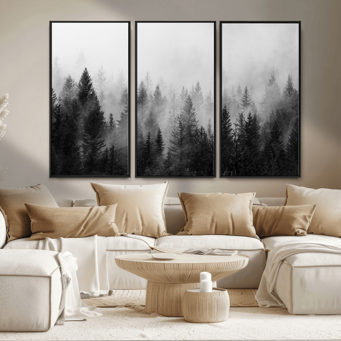MGV-FC-48X32-3P - Foggy Black and White Forest Wall Art, 3 Panel Misty Pine Trees Canvas Print for Living Room, Office, or Bedroom, Nature-Inspired Woodland Wall Decor