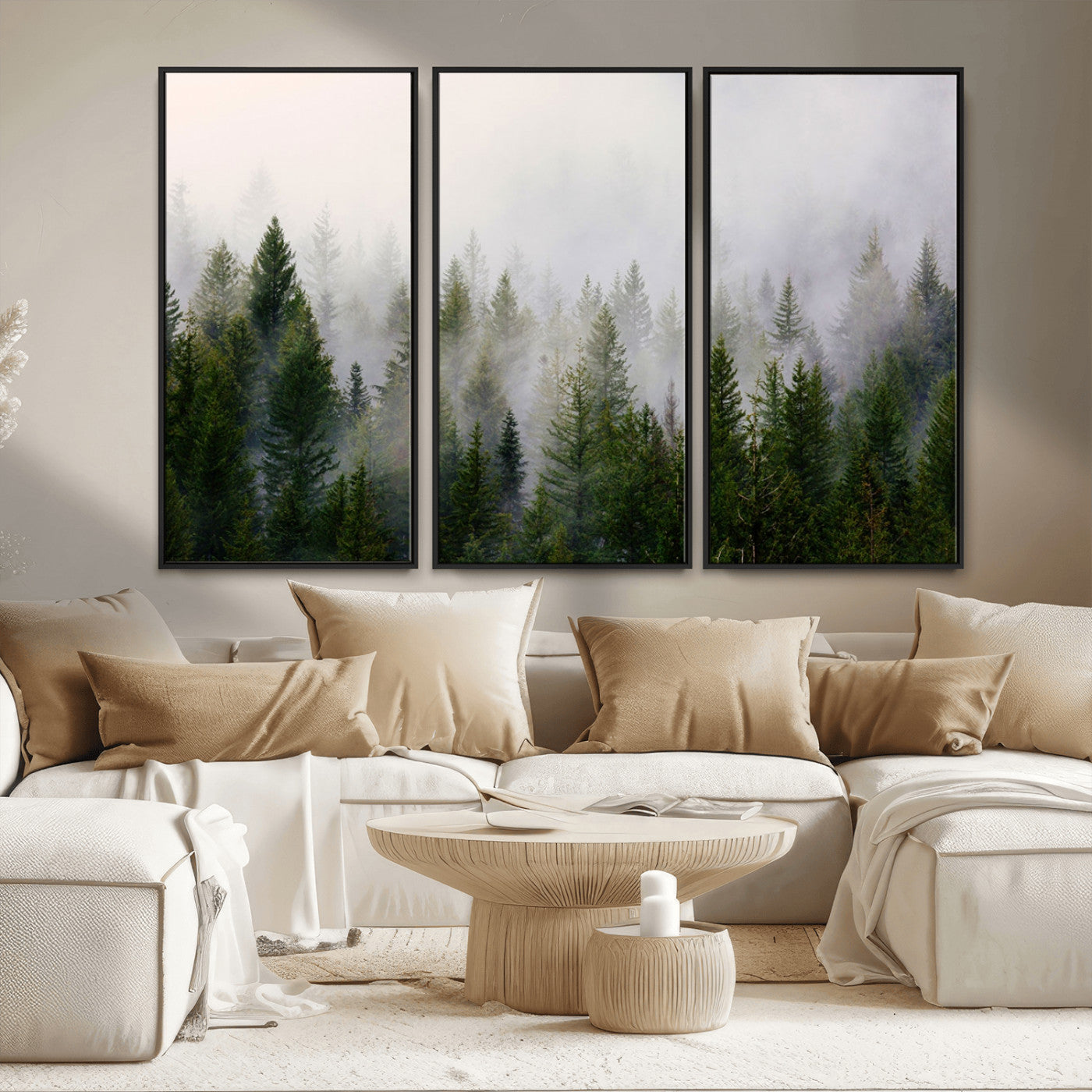 MGV-FC-48X32-3P - Misty Pine Forest Wall Art Canvas Print | 3 Panel Green Woodland Canvas Print for Living Room, Office, or Dining Room | Nature Foggy Forest Decor