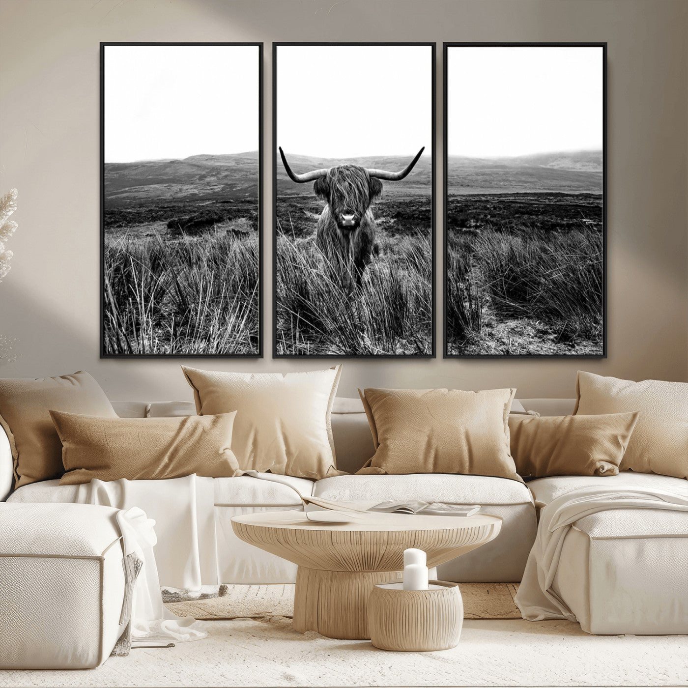 MGV-FC-48X32-3P - Black and White Highland Cow Canvas Wall Art, Longhorn Triptych Western Wall Decor for Cabin -
