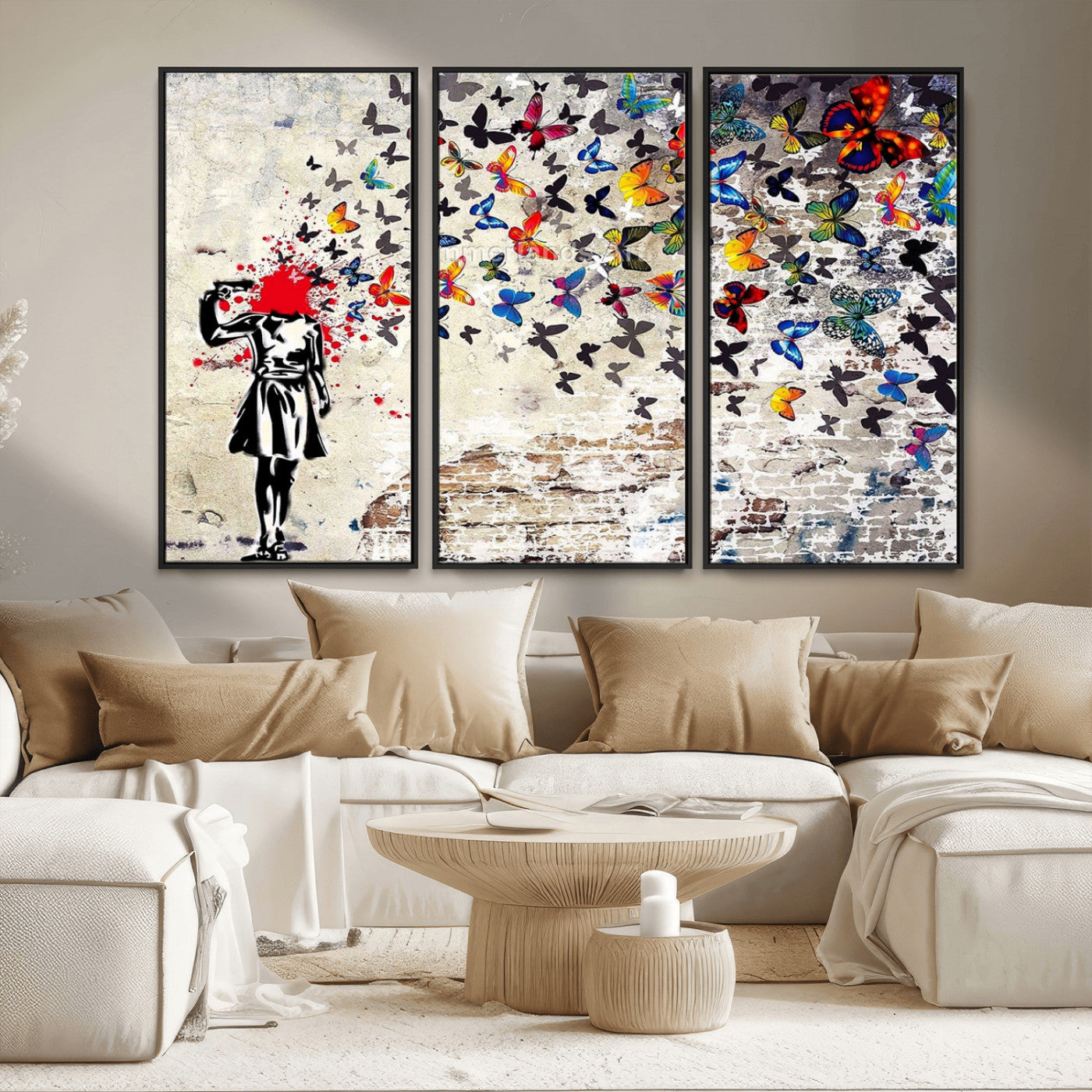MGV-FC-48X32-3P - Banksy Art Butterfly Girl Explosion Canvas Art – Vibrant Urban Graffiti for Modern Interiors - Ready to Hang