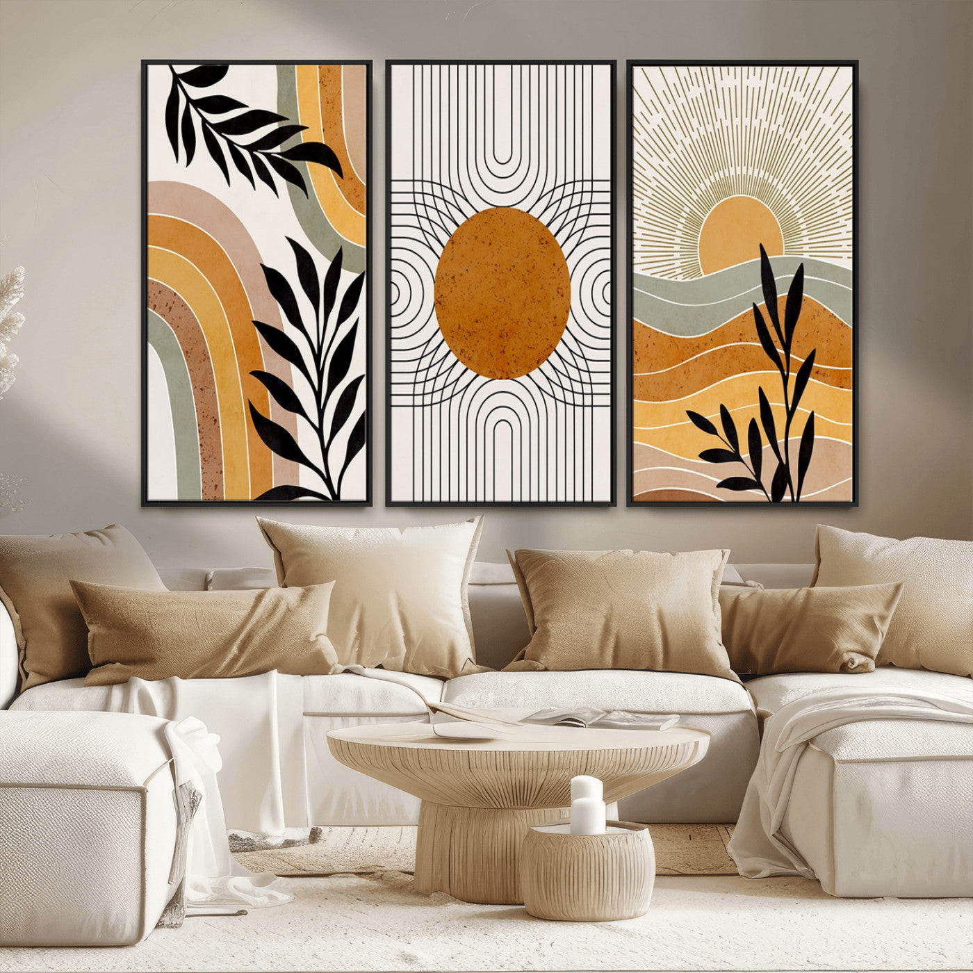 MGV-FC-48X32-3P - Modern Boho Sun and Leaf Abstract Art – 3-Panel Giclée Canvas for Mid-Century Modern or Bohemian