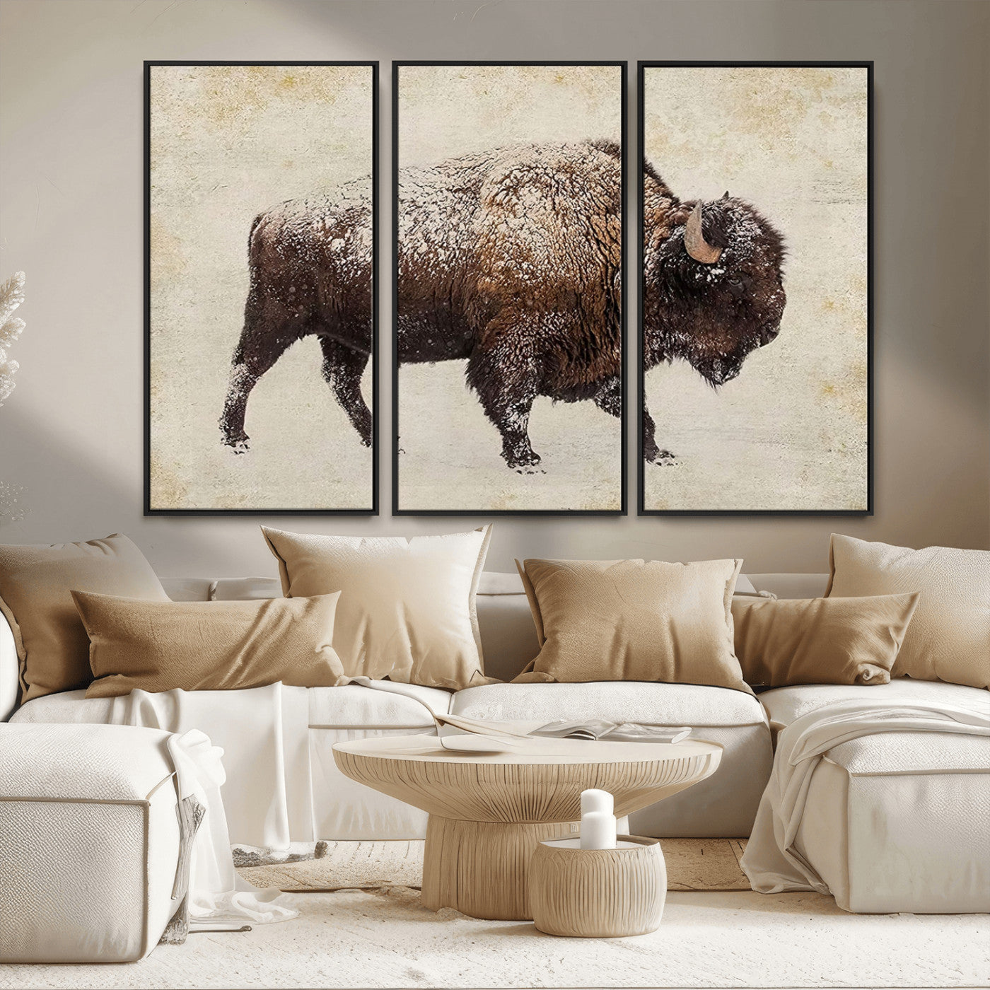 MGV-FC-48X32-3P - Buffalo Wall Art, Western Bison Canvas Print, Rustic Buffalo Art for Cowboy Western Decor, Large Multi-Panel Giclee Canvas for Farmhouse Wall Decor