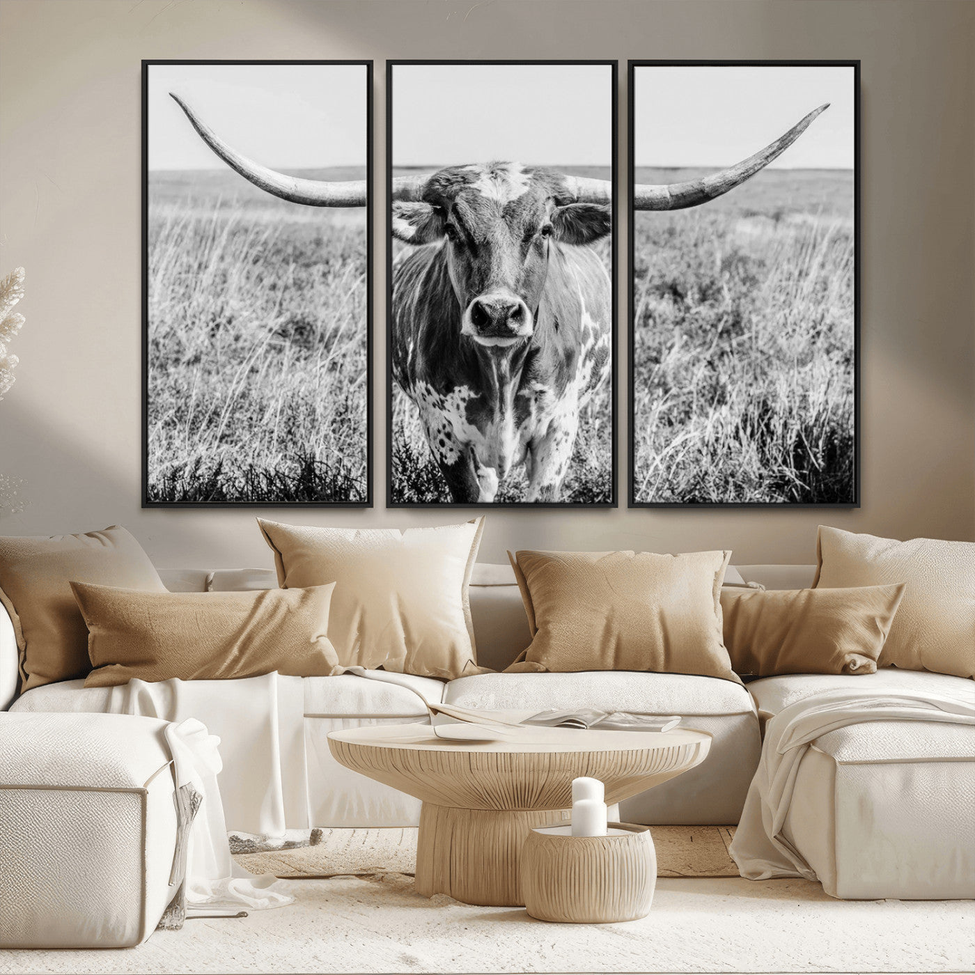 MGV-FC-48X32-3P - Texas Cow Longhorn Wall Art Canvas Print for Farm House Wall Decor, Farmhouse Wall Art Print