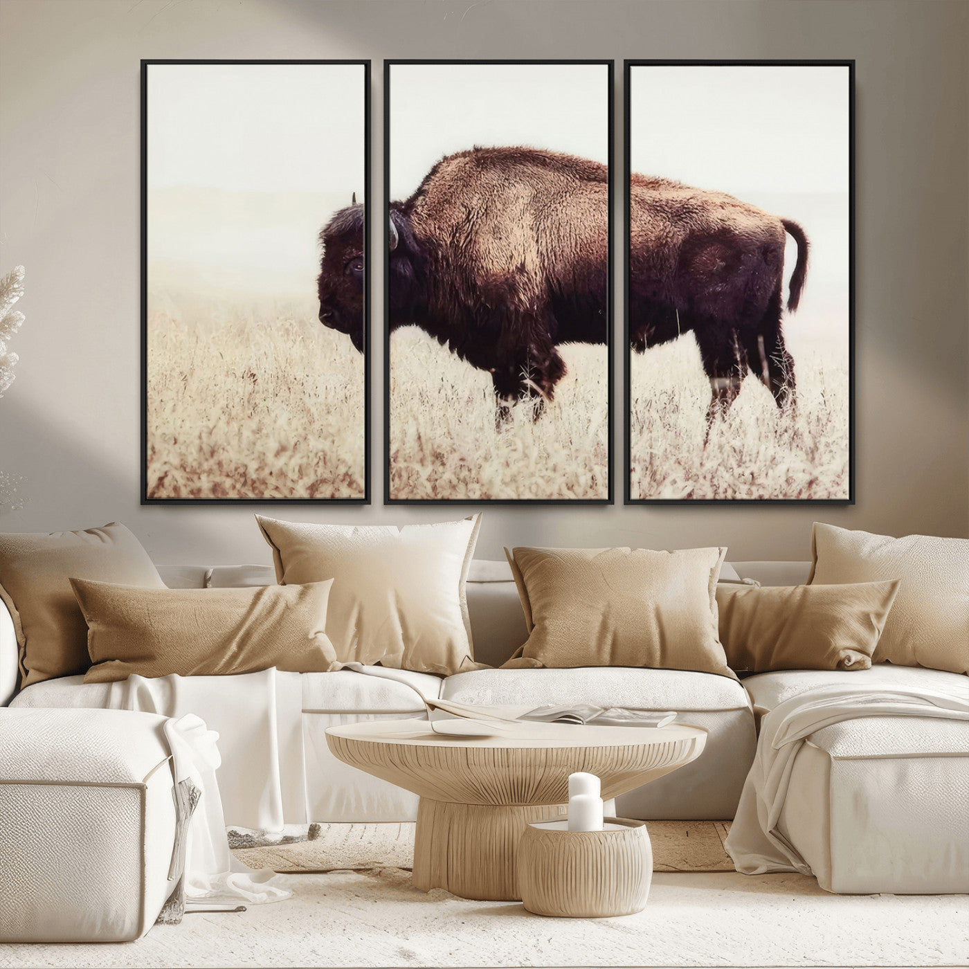 MGV-FC-48X32-3P - Bison in Field Wall Art Canvas Print For Farmhouse Barn Decor