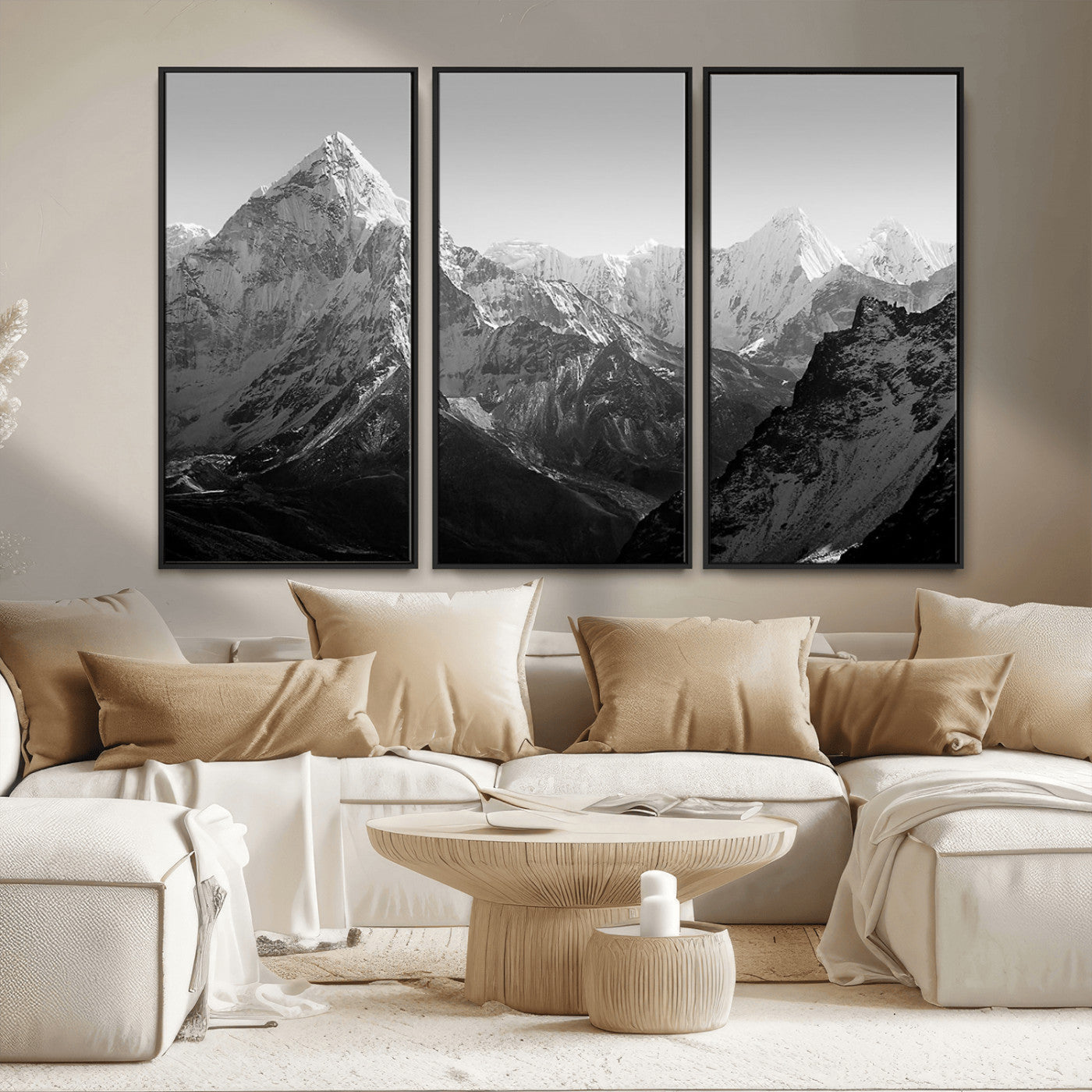 MGV-FC-48X32-3P - Everest Himalaya Mountain Peaks Black & White Triptych Canvas Art – Mountain Wall Decor for Minimalist Interiors