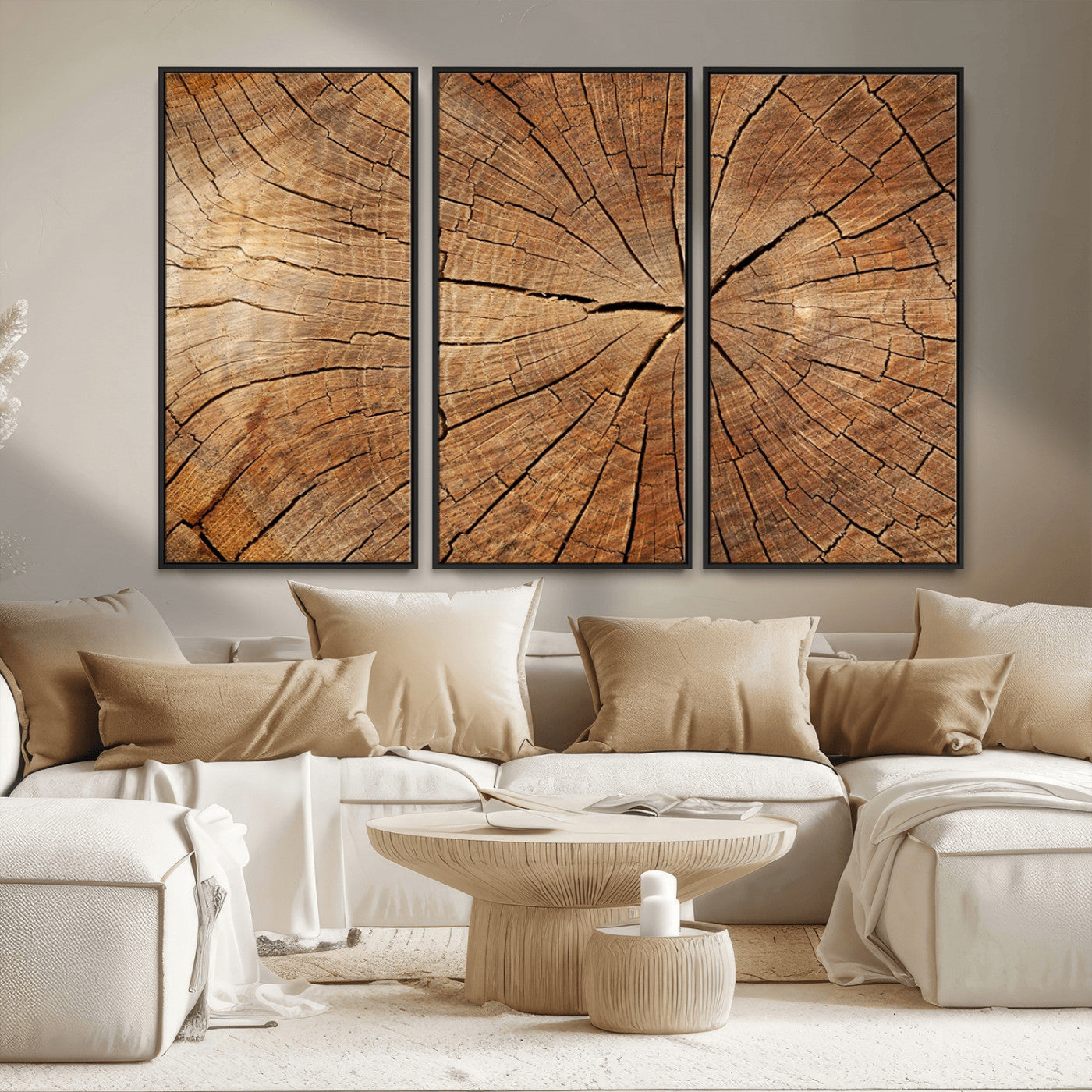 MGV-FC-48X32-3P - Tree Ring Canvas Art, Rustic Wood Grain Wall Art, Tree Slice Decor for Modern Homes, Giclee Multi-Panel Print, Tree Ring Wall Art Set