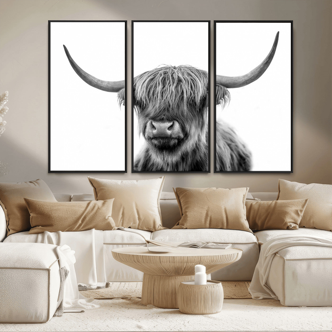 MGV-FC-48X32-3P - Grayscale Scottish Highland Cow Cattle Art Print Farmhouse Wall Art Canvas Print
