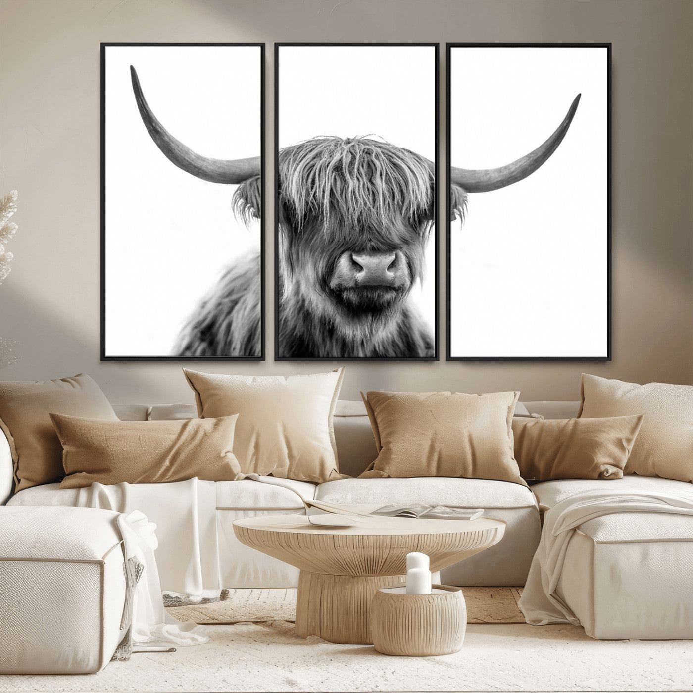 MGV-FC-48X32-3P - Scottish Highland Cow Cattle Art Print Wall Art Canvas Print for Farmhouse Decor, Framed Scottish