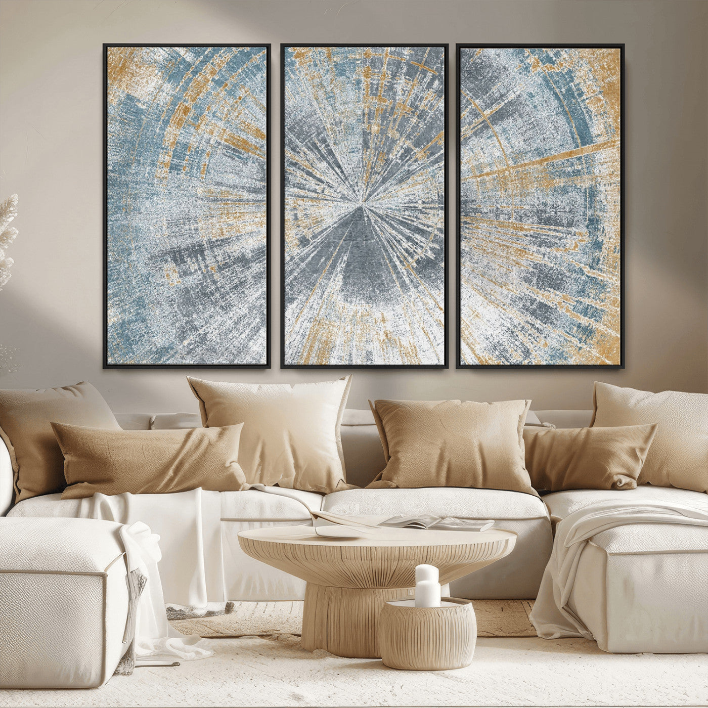 MGV-FC-48X32-3P - Radiant Abstract Wood Rings Canvas Art – Modern Triptych Wall Decor for Living Room or Farmhouse Decor